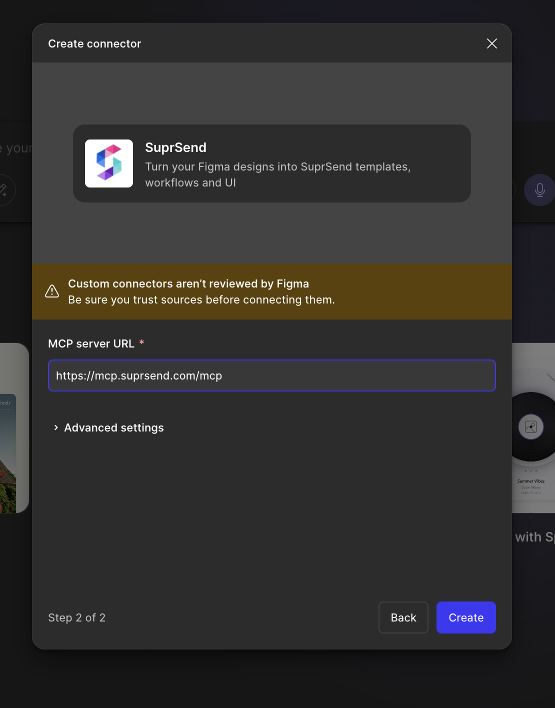 Create connector step 2 with the SuprSend MCP server URL entered