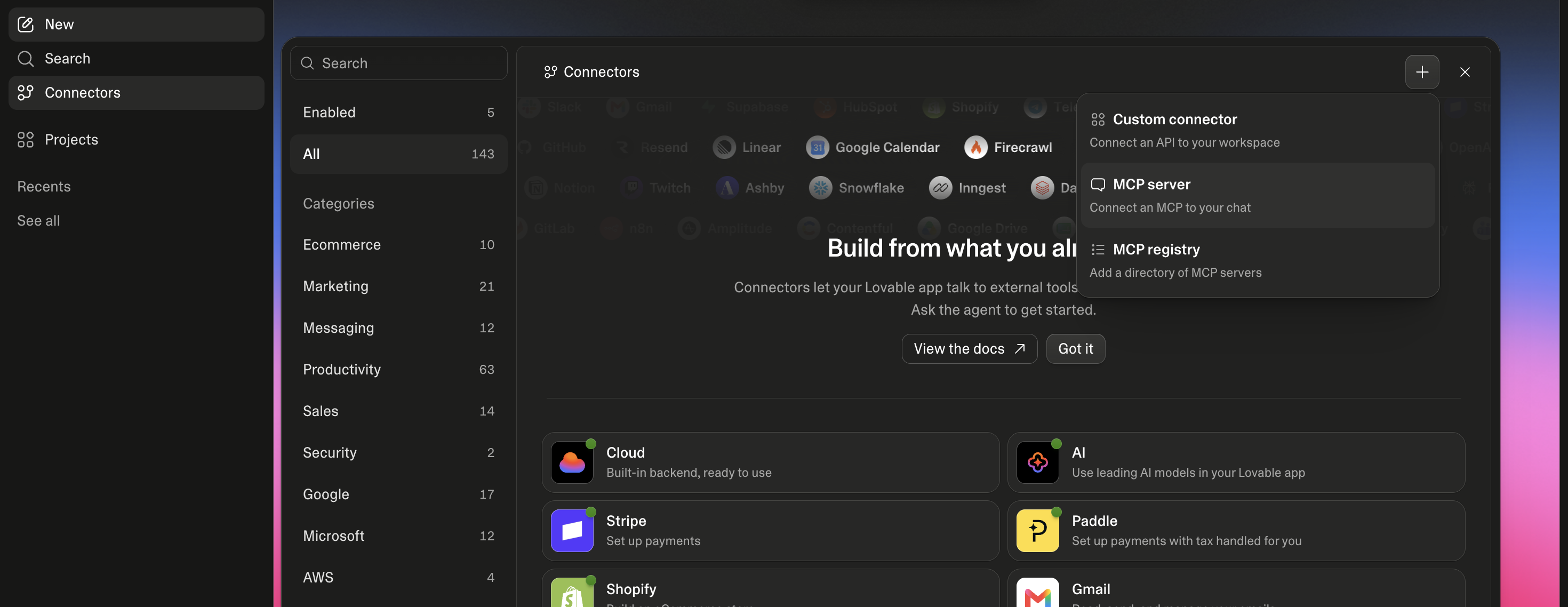 Lovable Connectors page with the plus menu open and MCP server highlighted