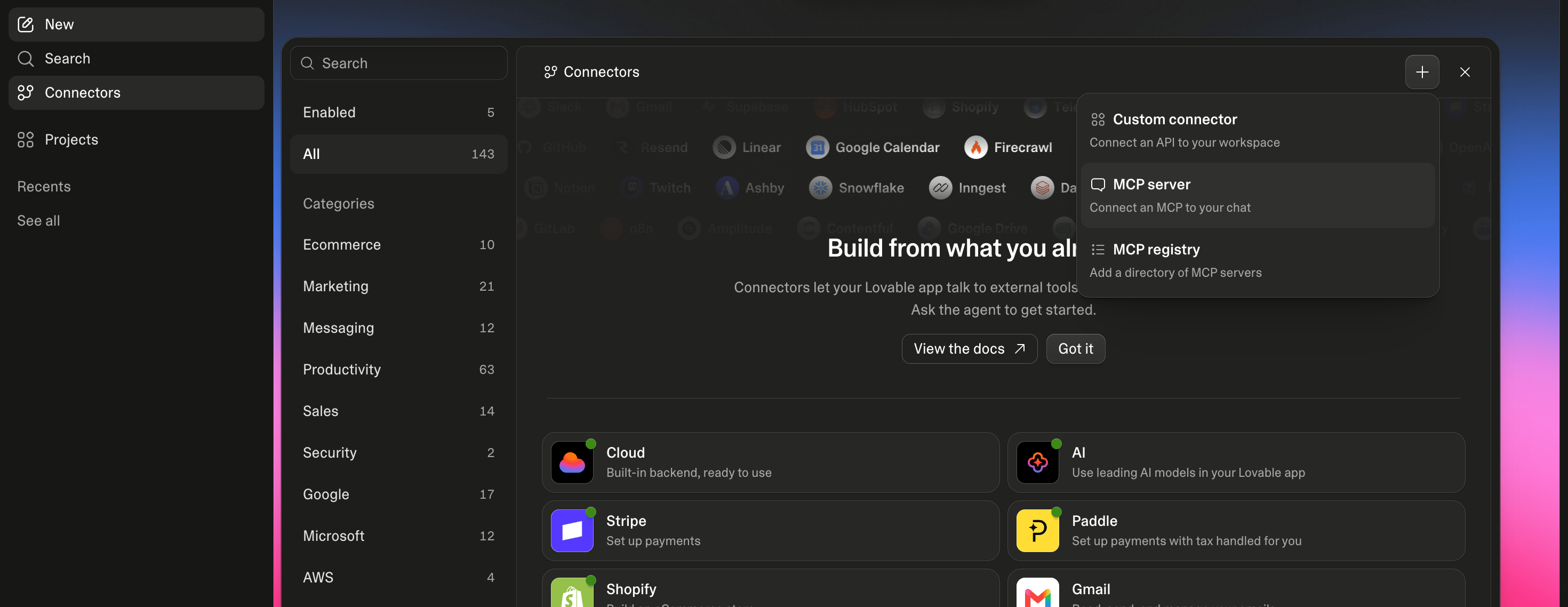 Lovable Connectors page with the plus menu open and MCP server highlighted