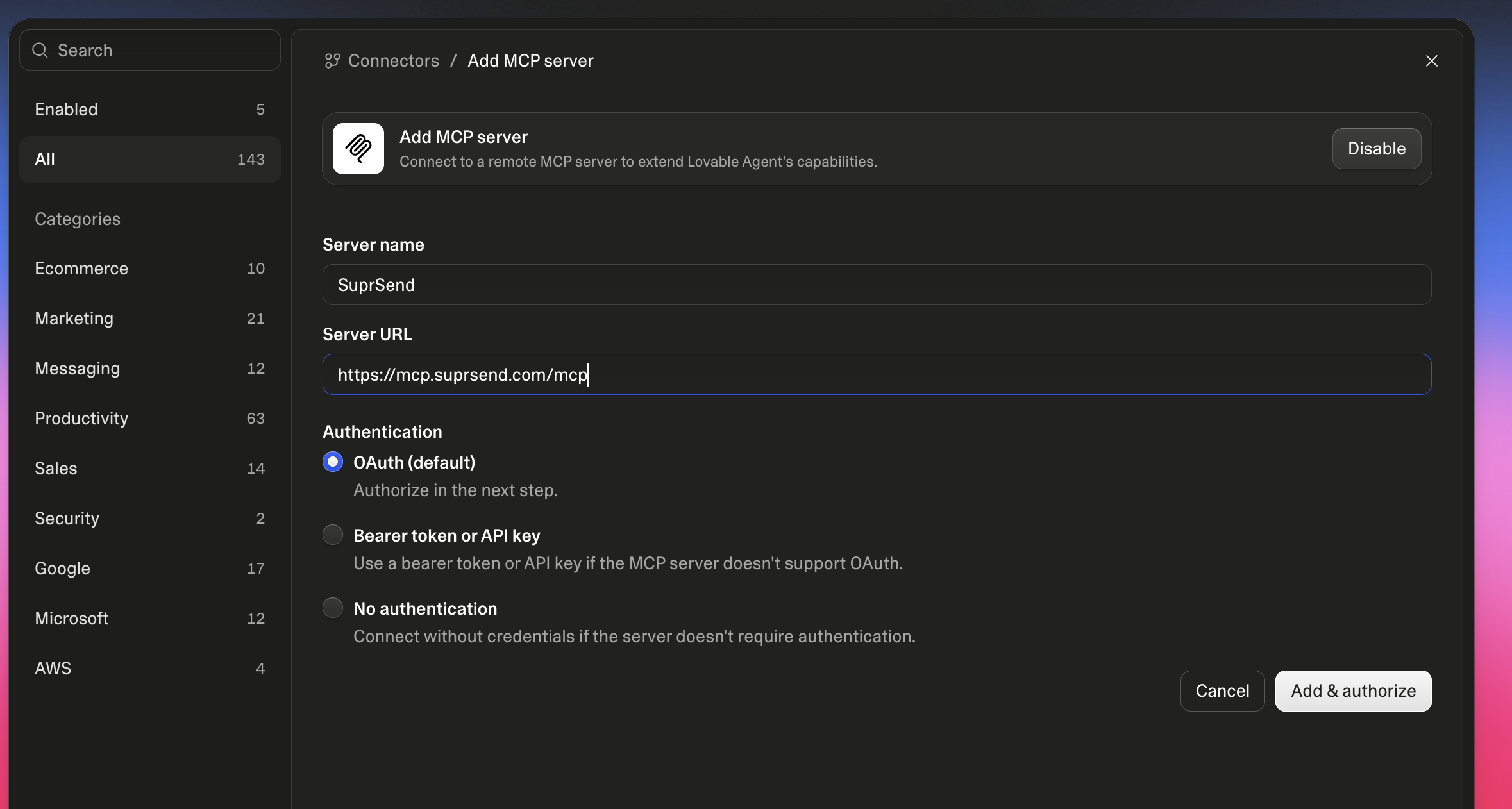 Lovable Add MCP server form with Server name SuprSend, Server URL https://mcp.suprsend.com/mcp and OAuth selected