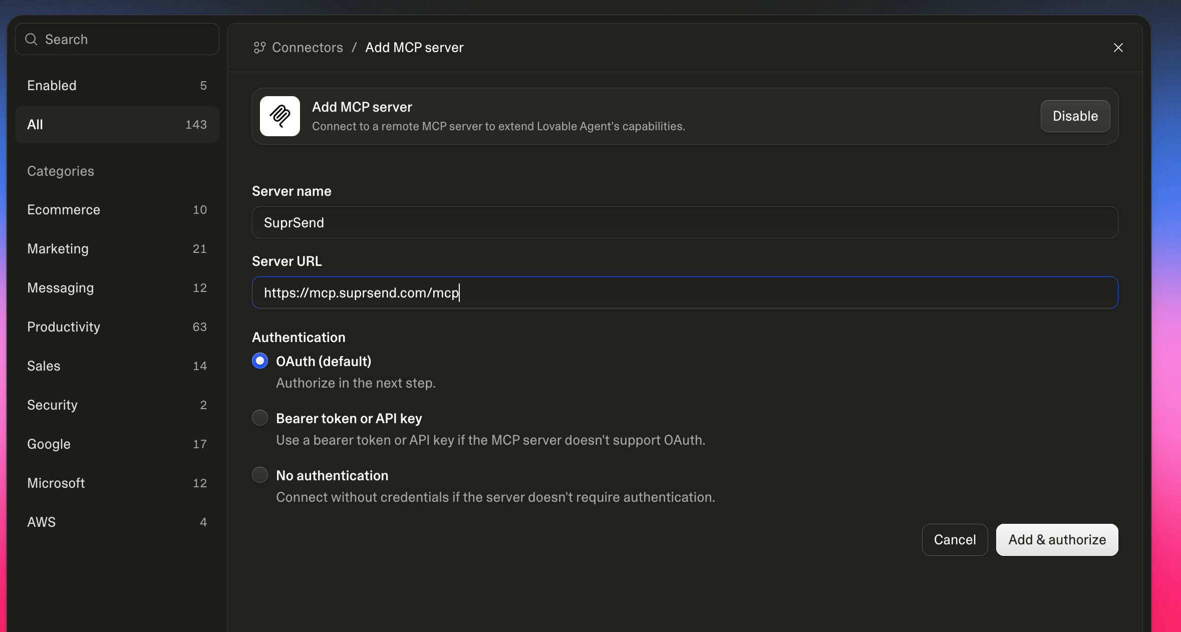 Lovable Add MCP server form with Server name SuprSend, Server URL https://mcp.suprsend.com/mcp and OAuth selected