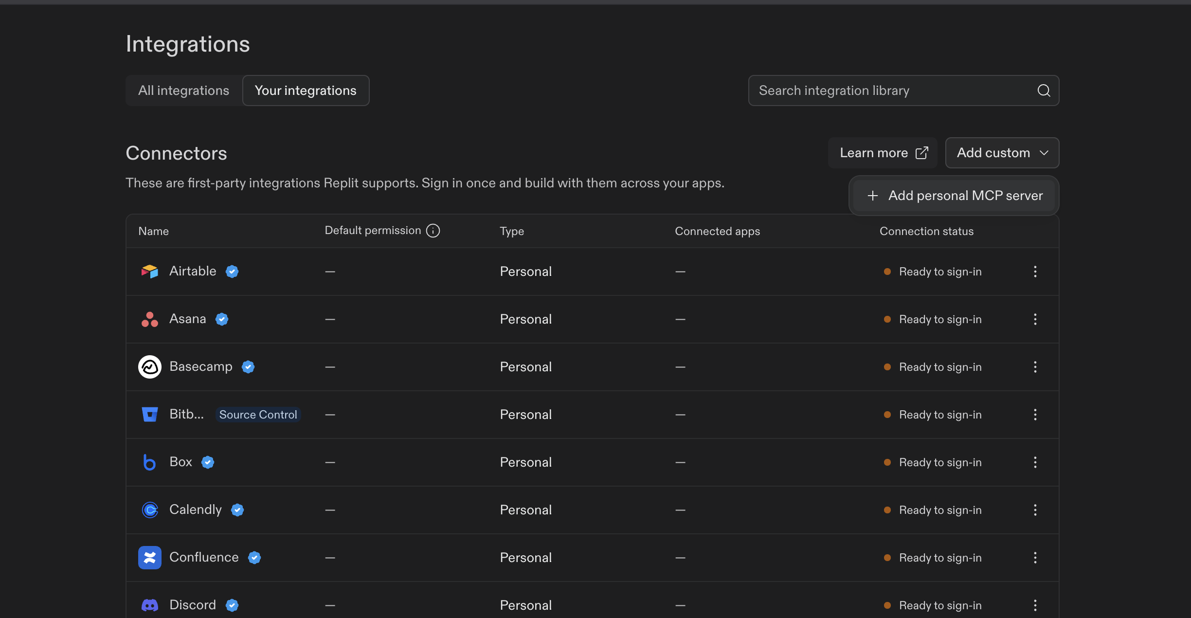 Replit Integrations page with the Add custom menu open and Add personal MCP server shown