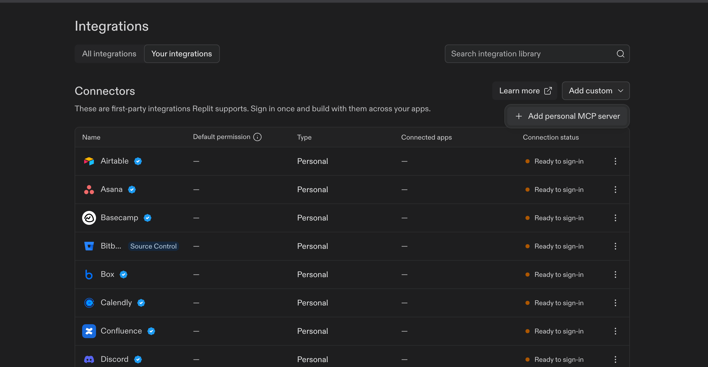 Replit Integrations page with the Add custom menu open and Add personal MCP server shown