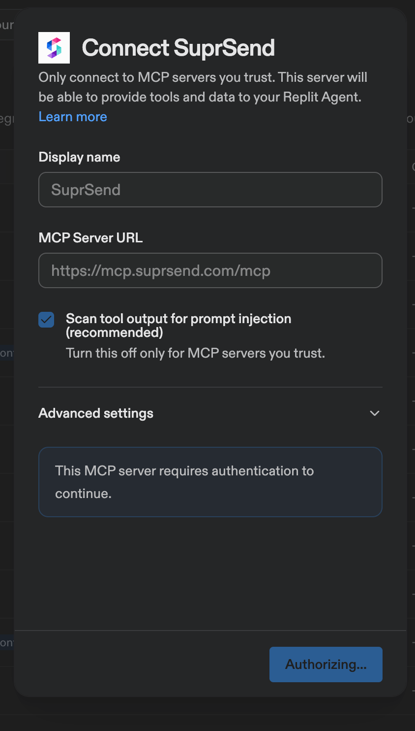 Replit Connect SuprSend form with Display name SuprSend, MCP Server URL https://mcp.suprsend.com/mcp and a note that the server requires authentication