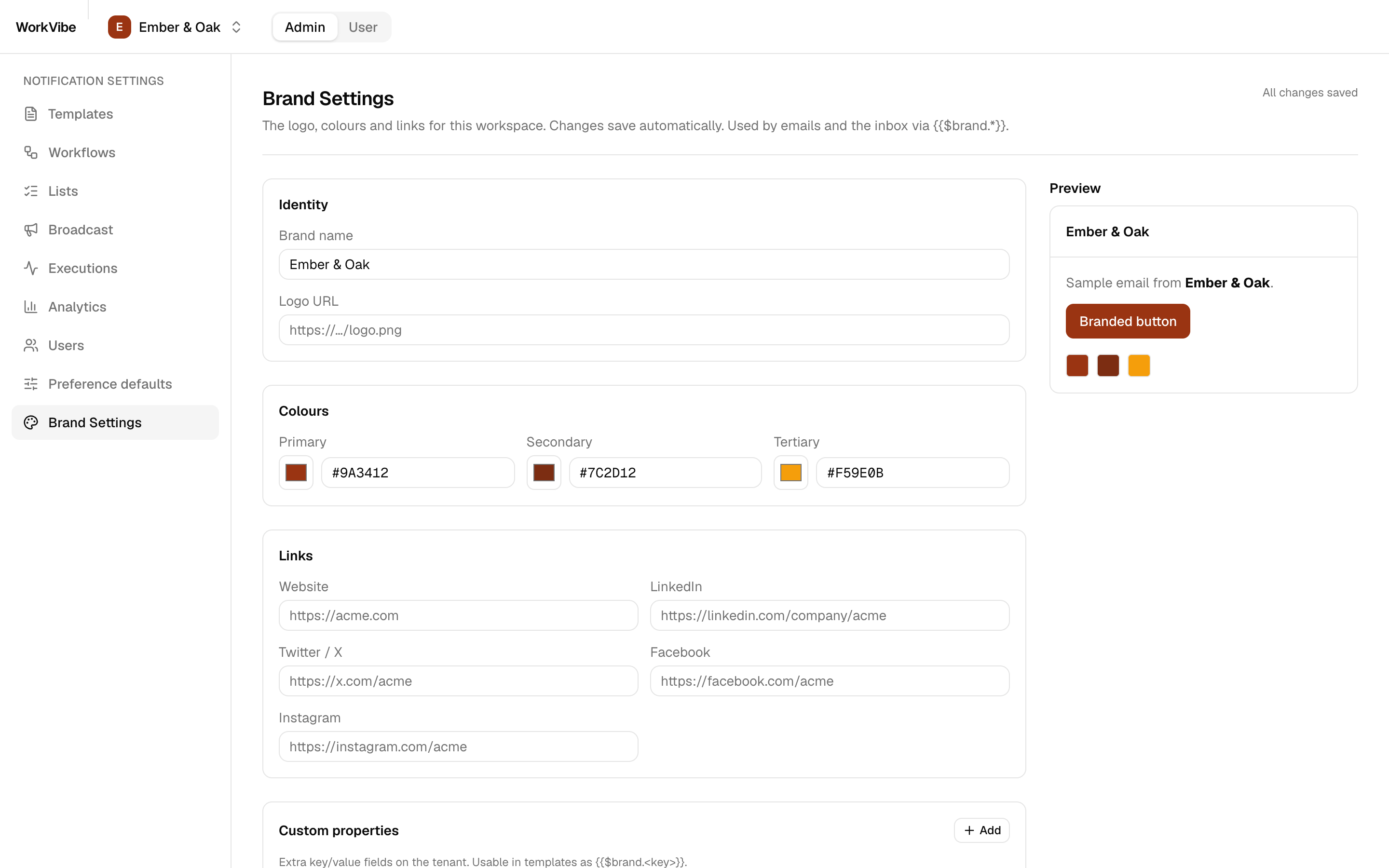 Brand Settings with identity, colours, links and preview