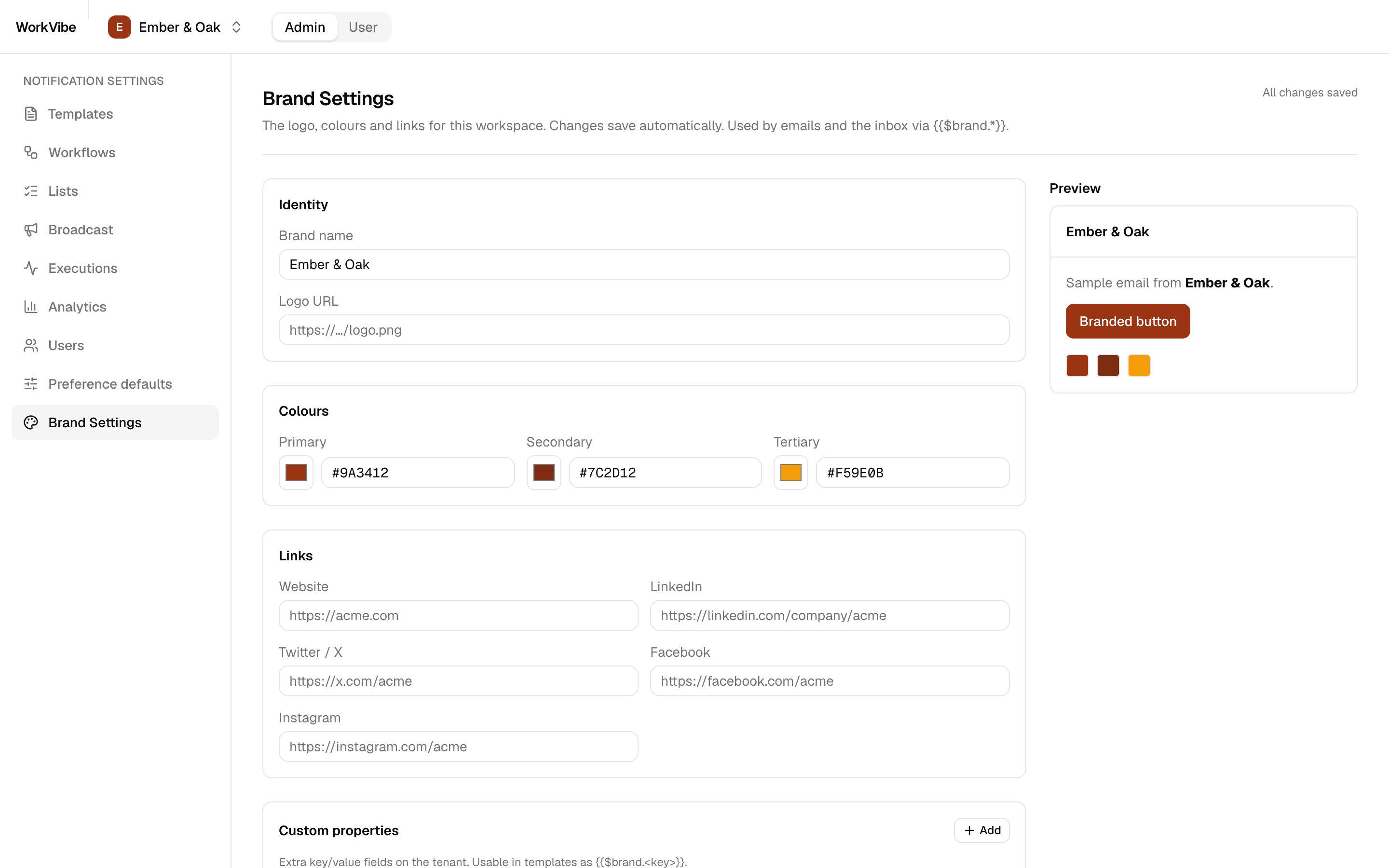 Brand Settings with identity, colours, links and preview