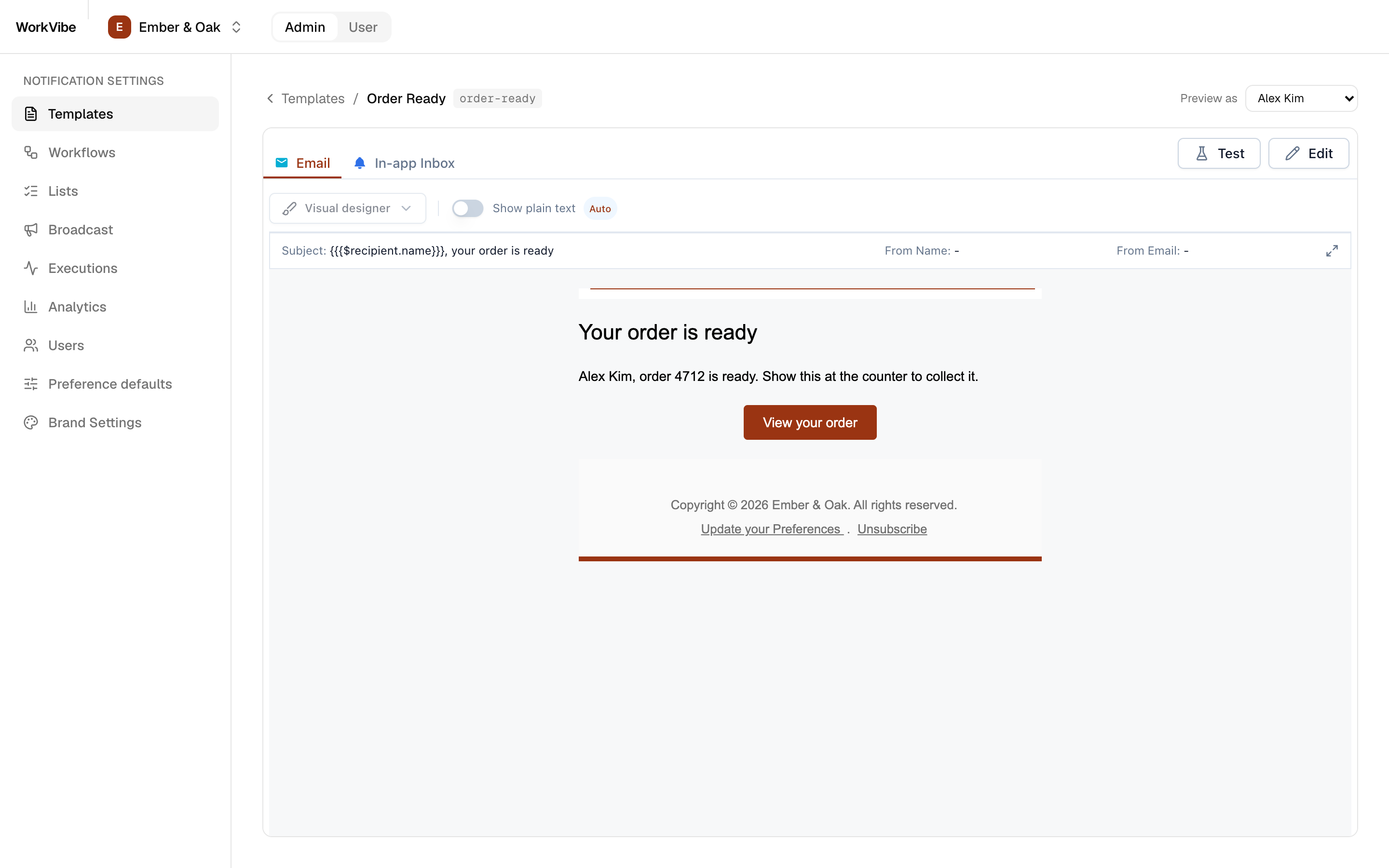 Embedded template editor previewing order-ready as a subscriber