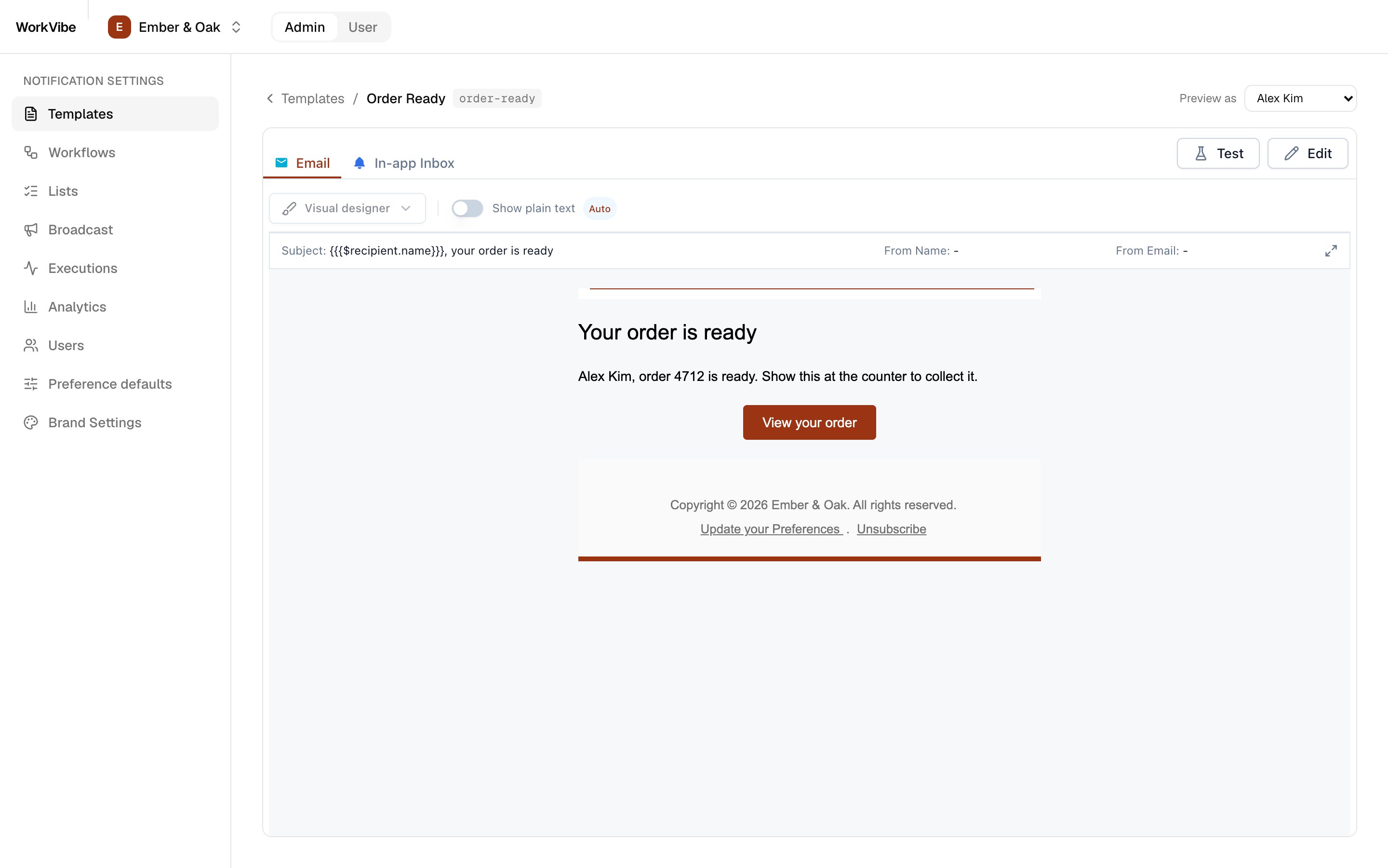 Embedded template editor previewing order-ready as a subscriber