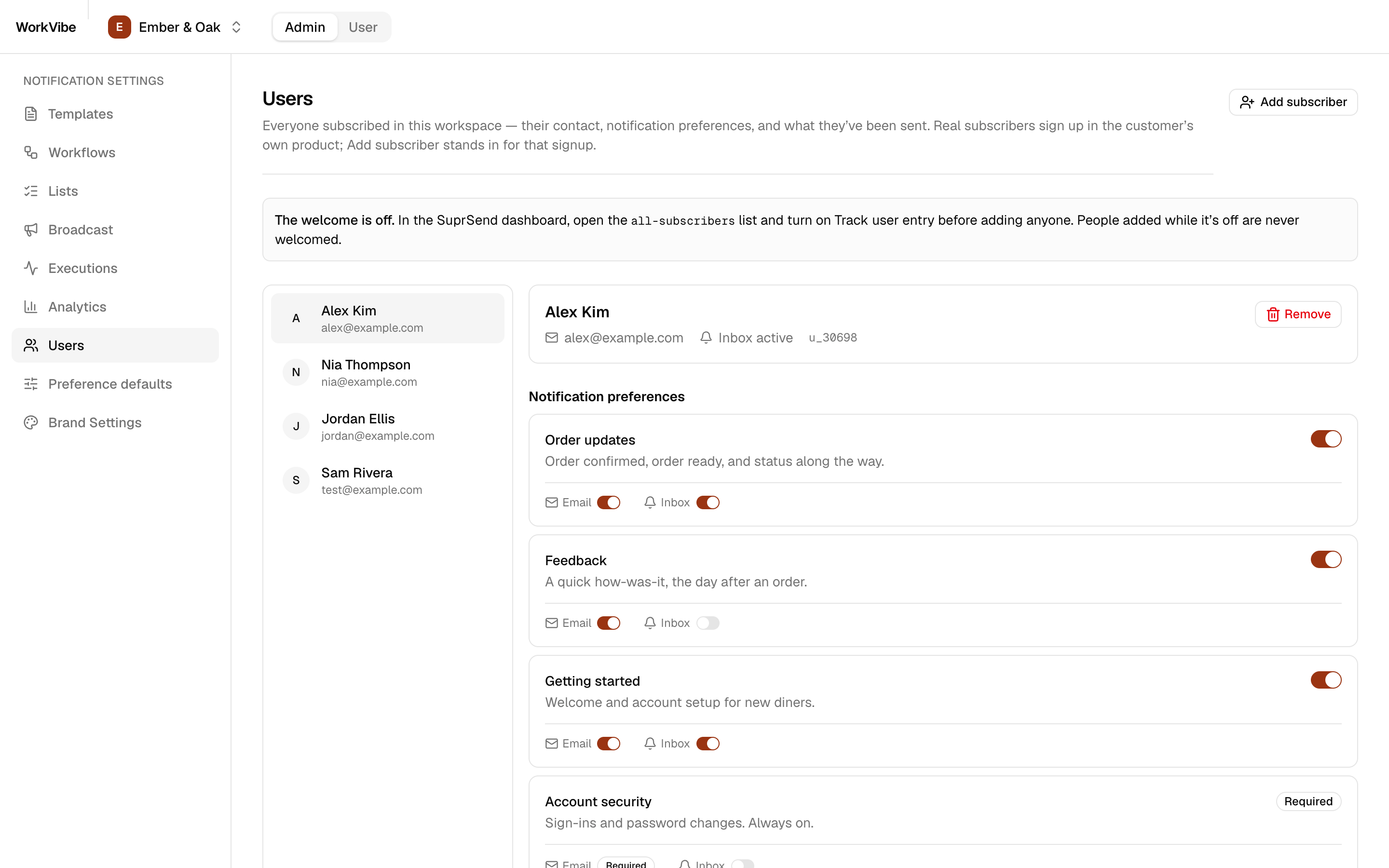 Users screen with one subscriber's preferences