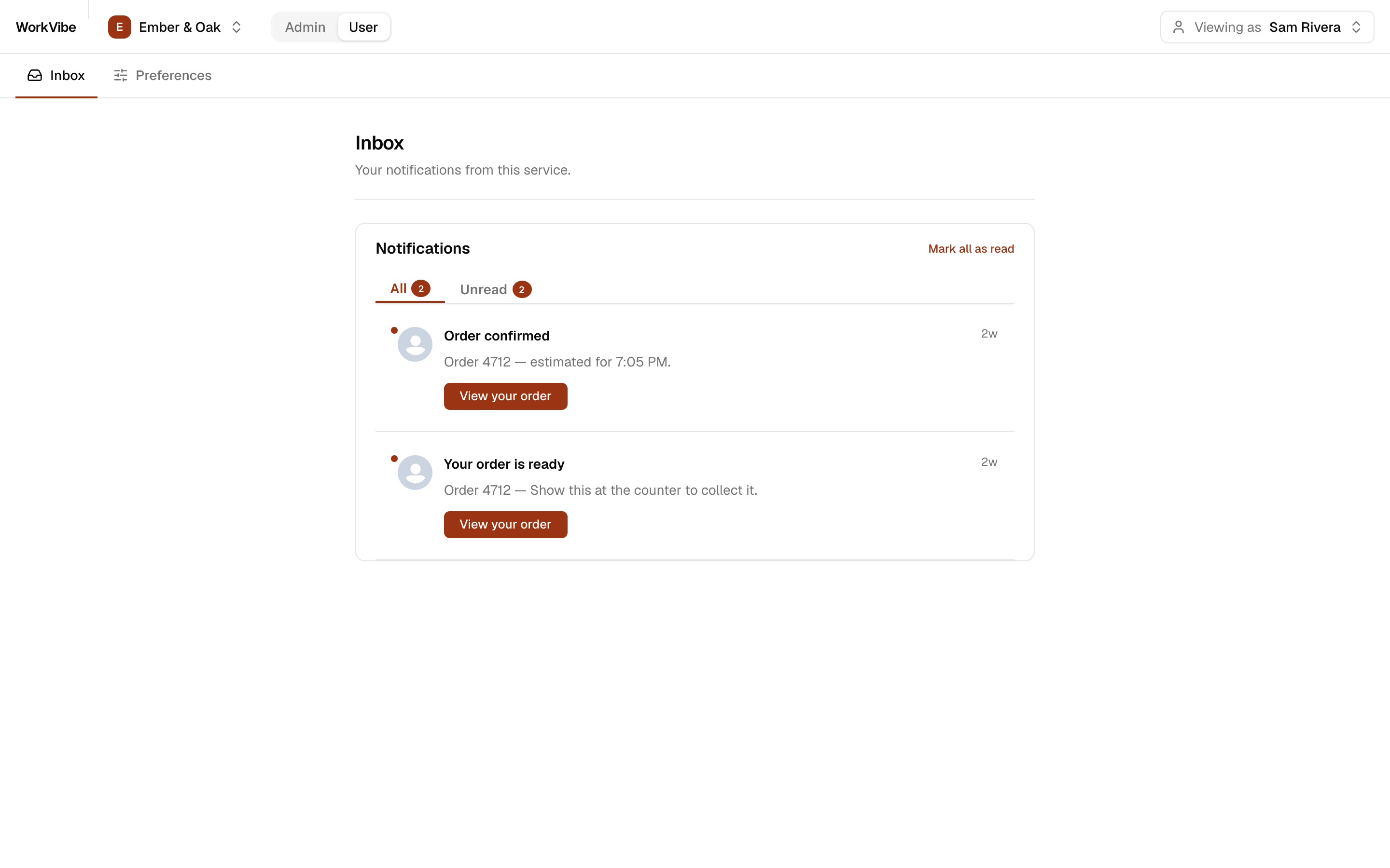 User view inbox, viewing as a subscriber