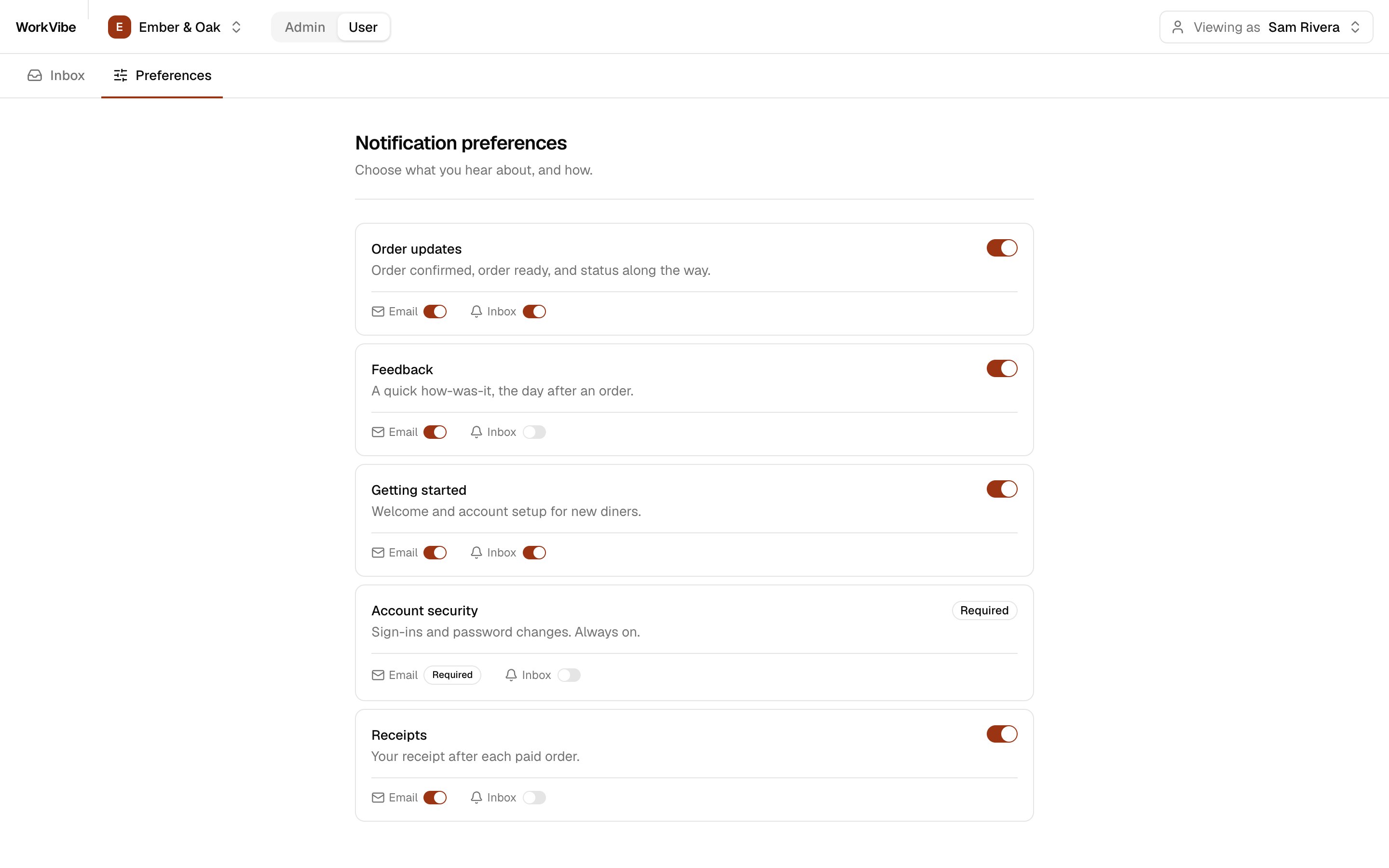 User preference centre by category and channel
