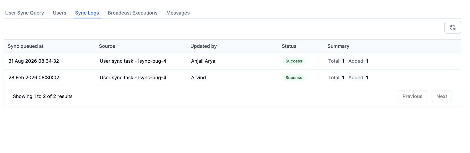 Sync Logs tab showing sync rows with queued-at timestamp, source, updated by, status, and Total and Added counts