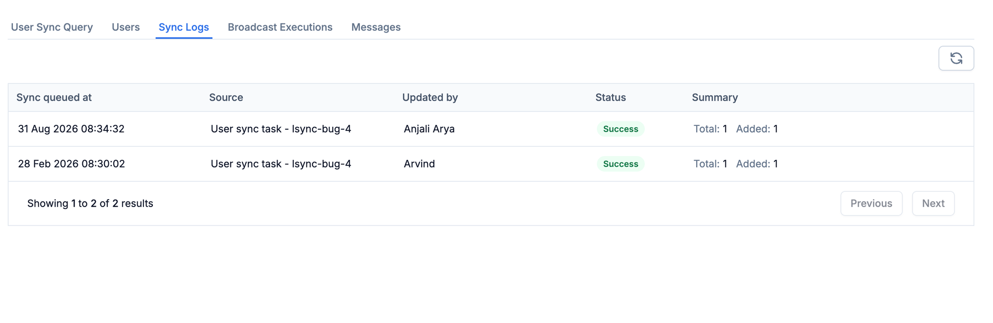 Sync Logs tab showing sync rows with queued-at timestamp, source, updated by, status, and Total and Added counts