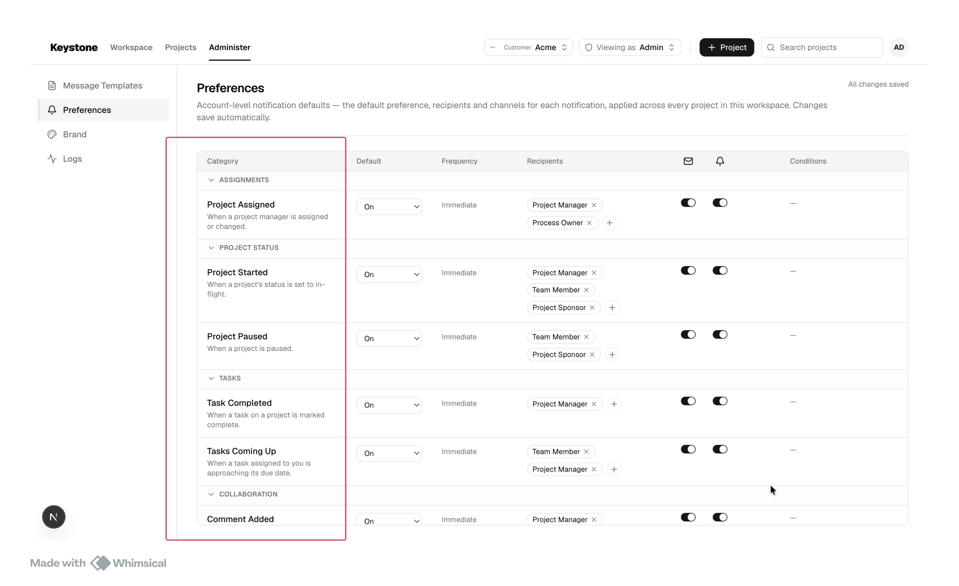 Notification category tree with sections and sub-categories