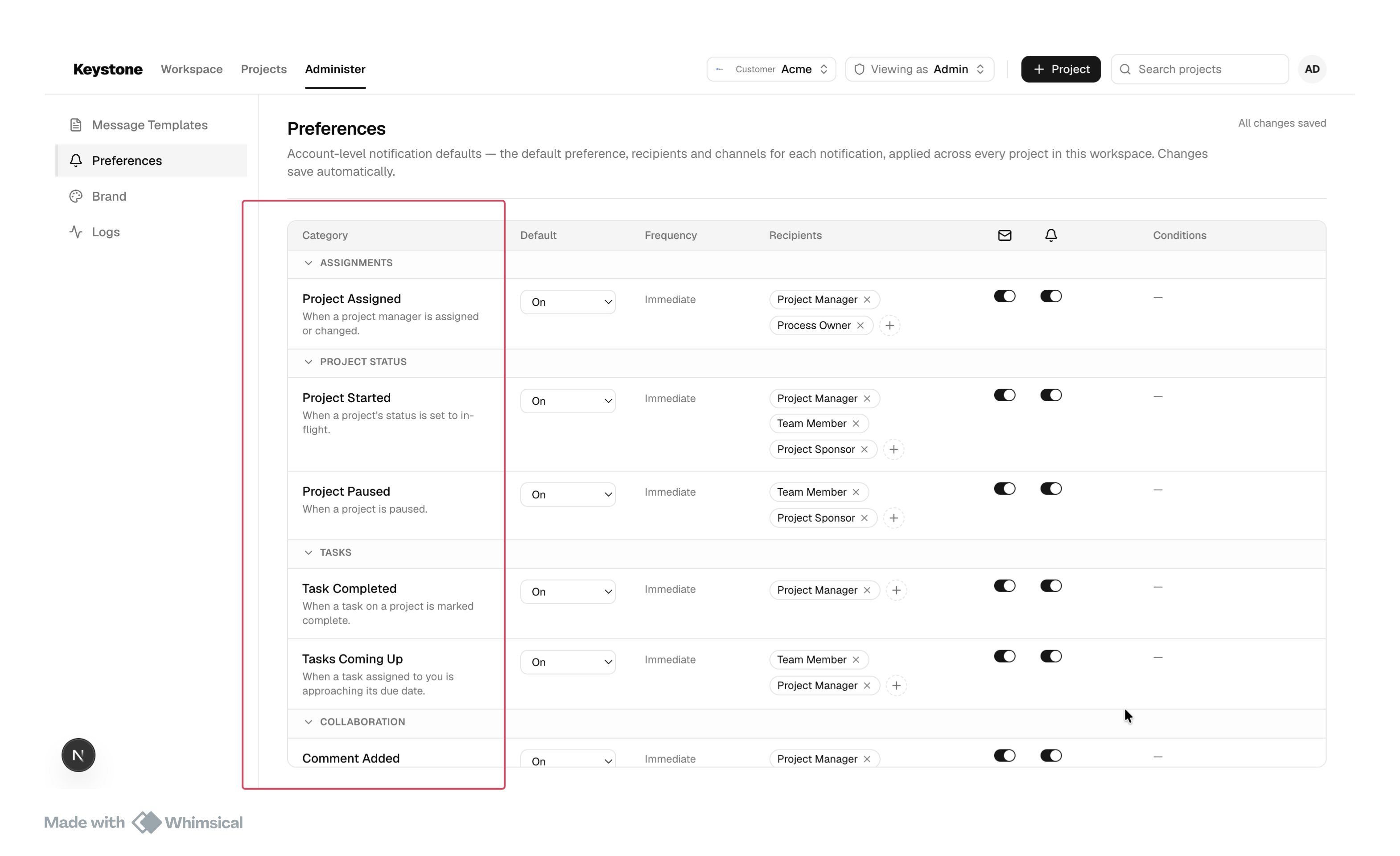 Notification category tree with sections and sub-categories