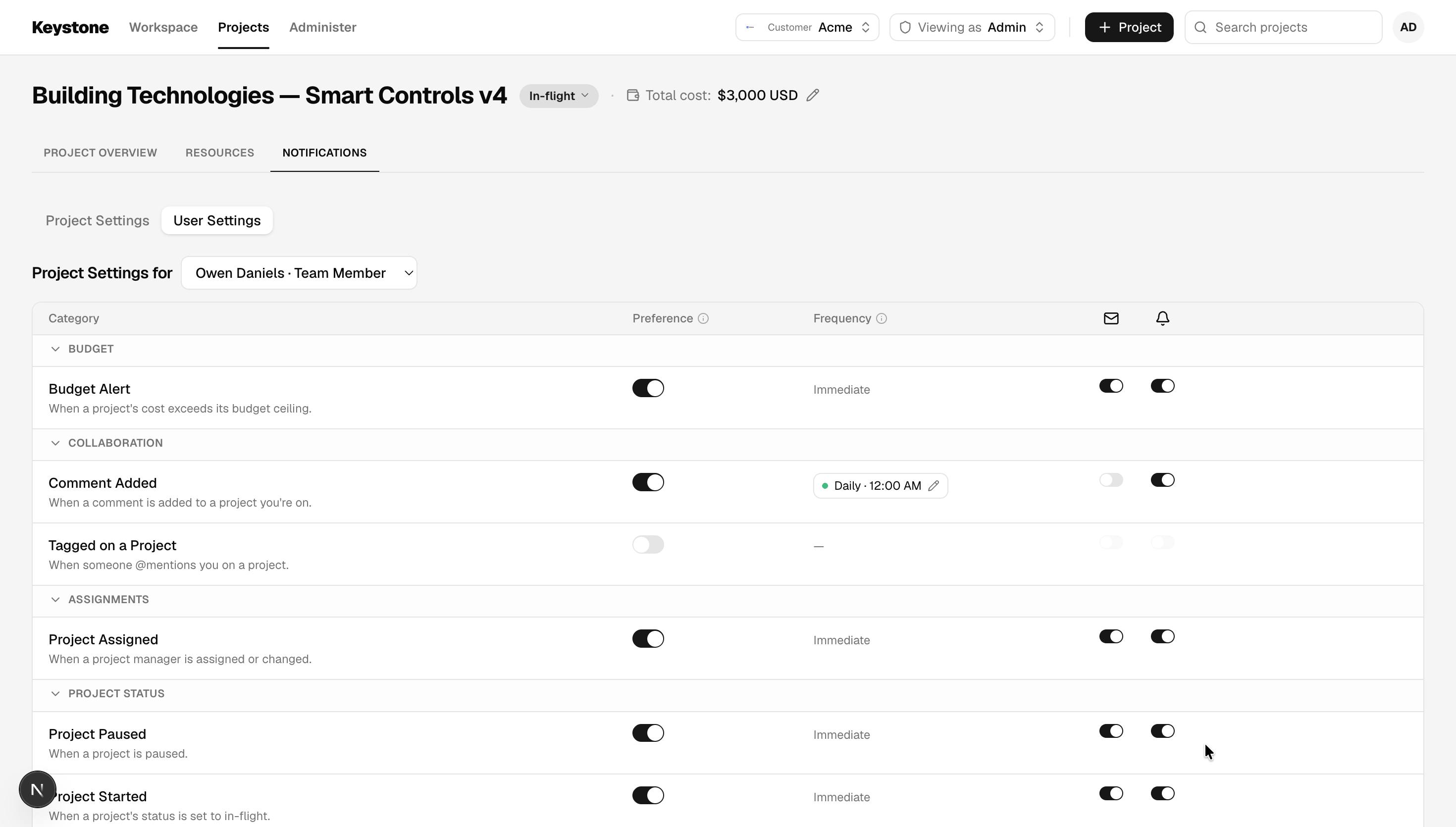 Preference screens for a user, a project, and the whole customer