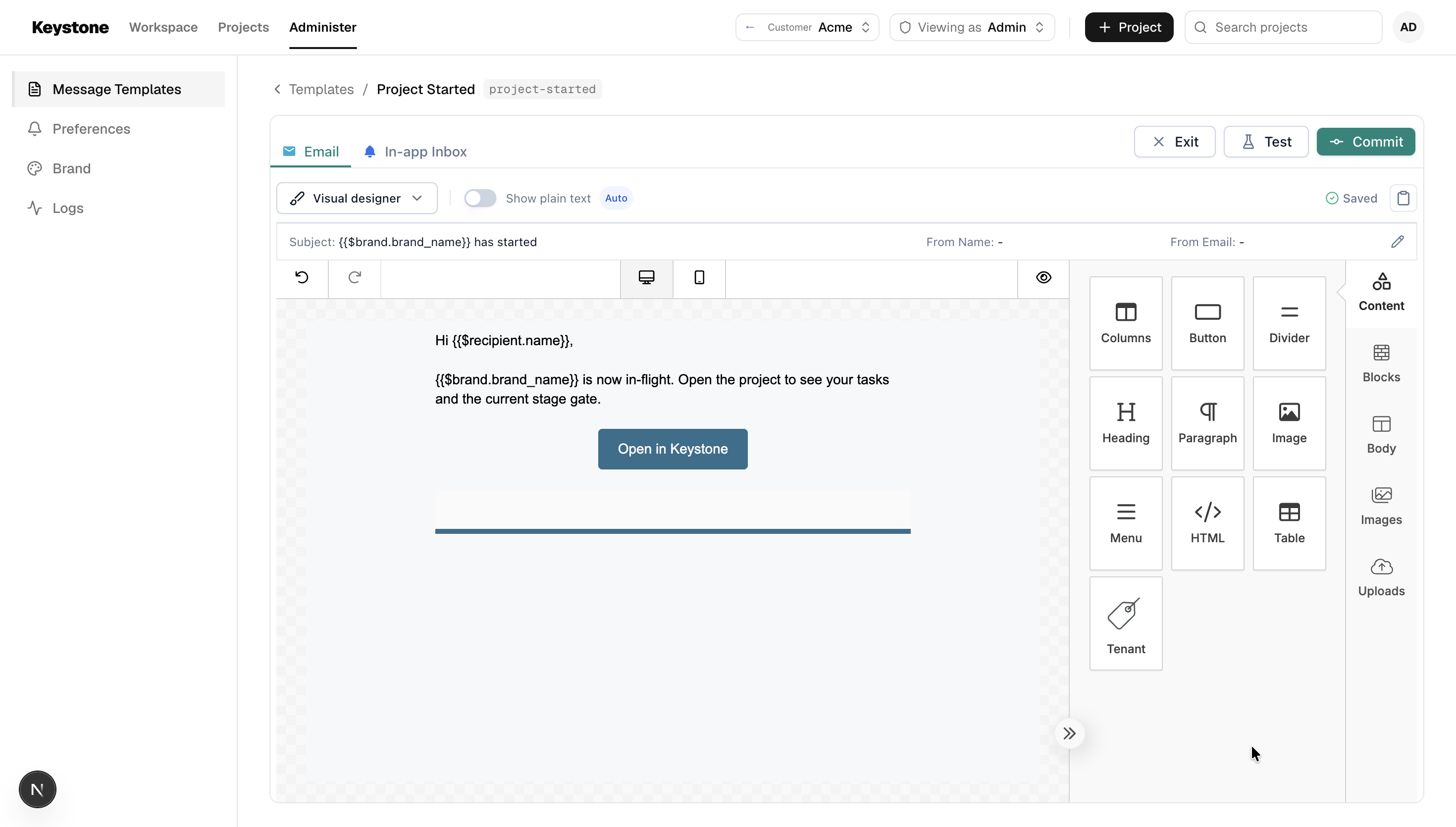 The embedded template editor inside Keystone