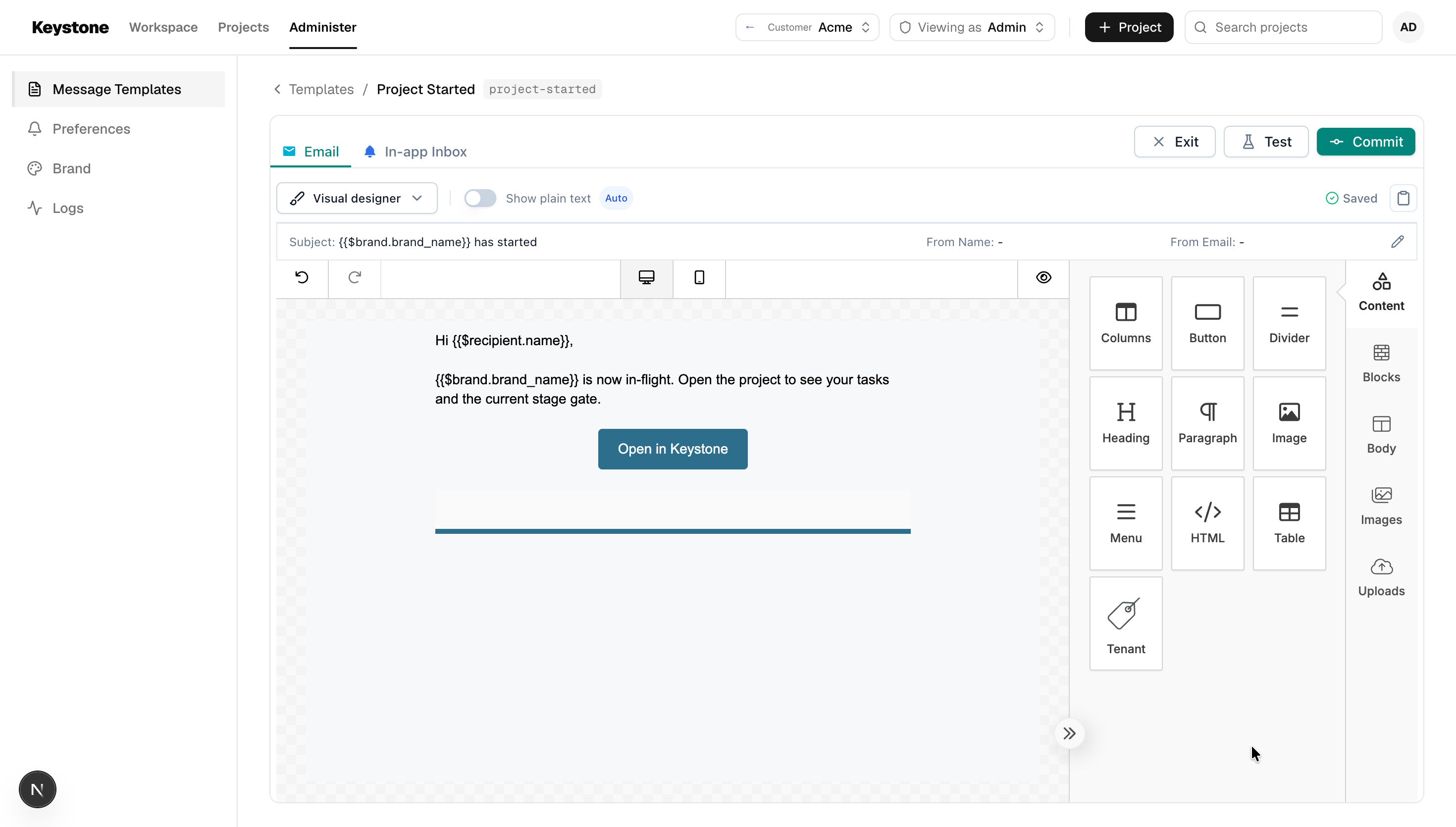 The embedded template editor inside Keystone