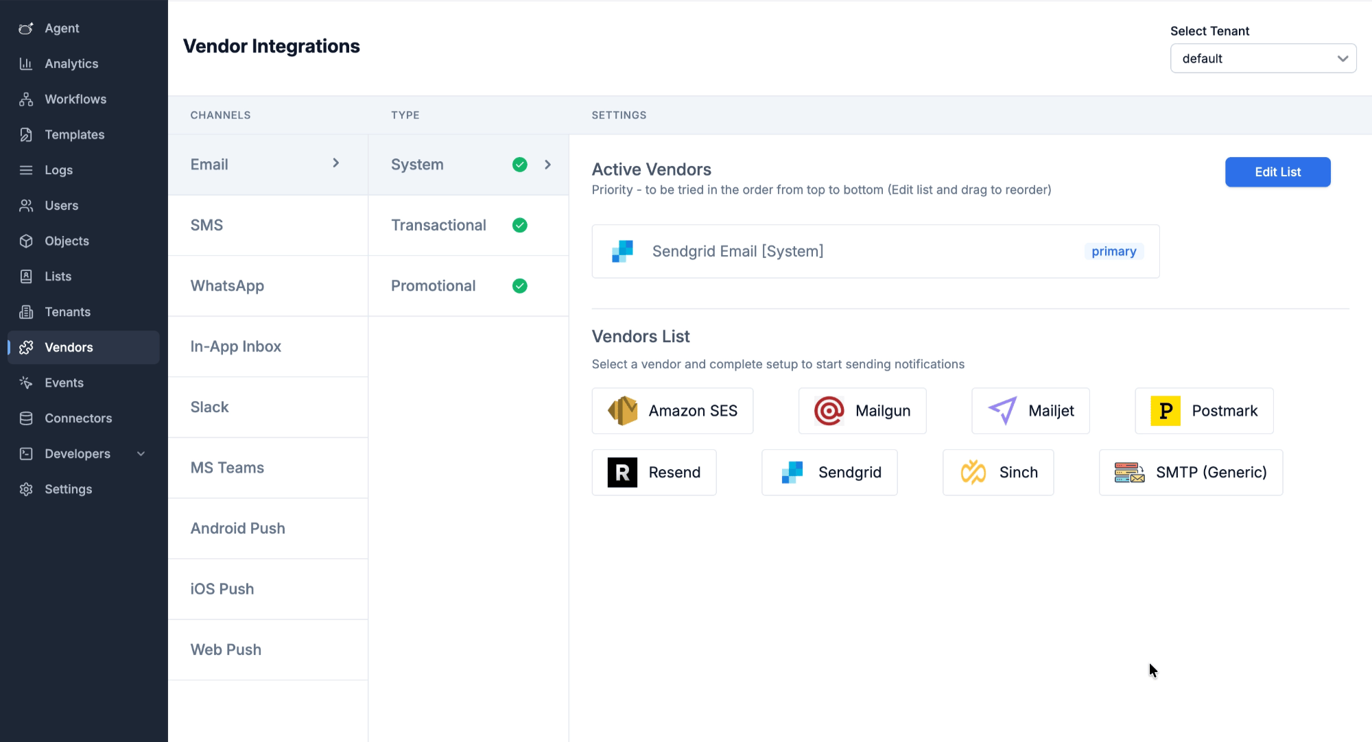 Vendors configured once per workspace