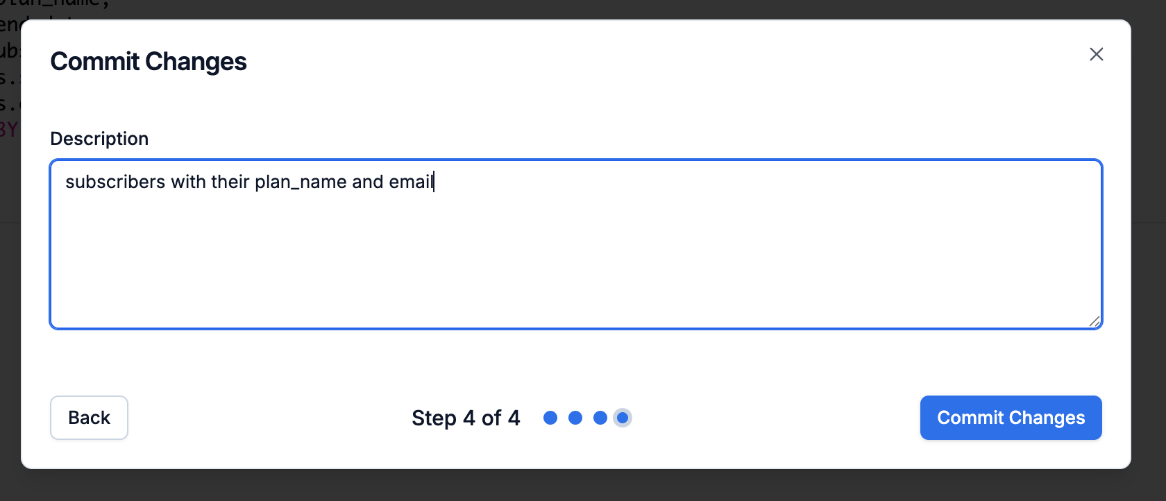 Commit modal with an optional commit message