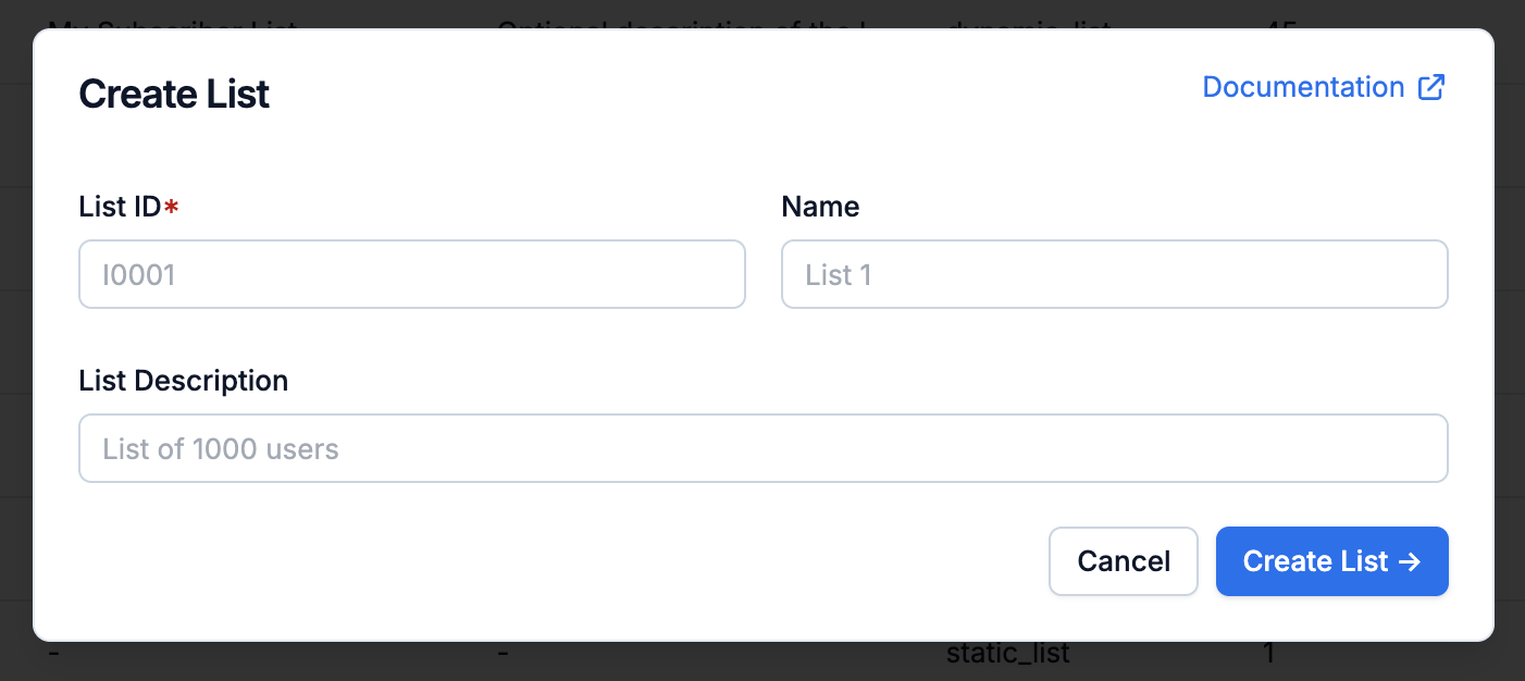 Create list modal with list_id, name, and description fields