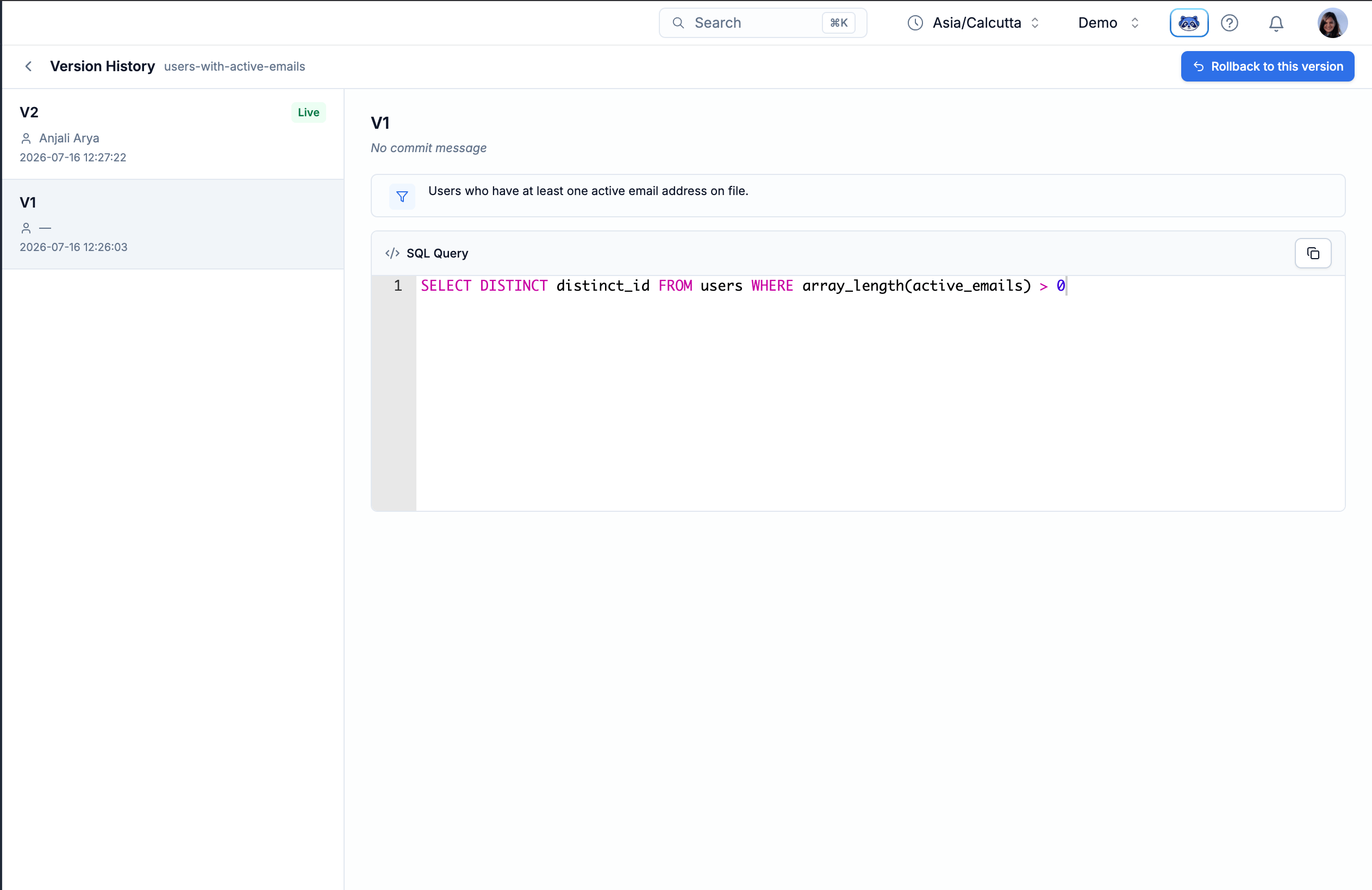 Version History panel with version list on the left and SQL, summary, and commit message on the right
