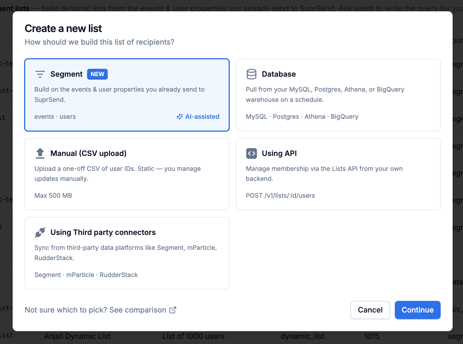 Source picker showing Segment tile selected with a NEW badge