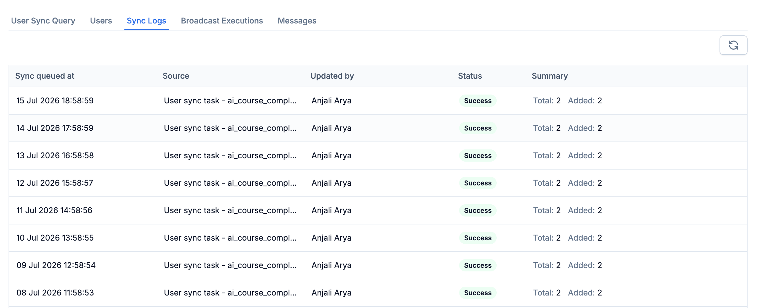 Sync Logs tab with columns for queued time, source task, editor, status, and a Total / Added summary per run
