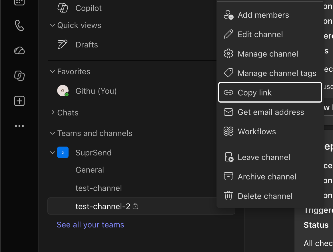 Copy link on a Teams channel to get conversation_id