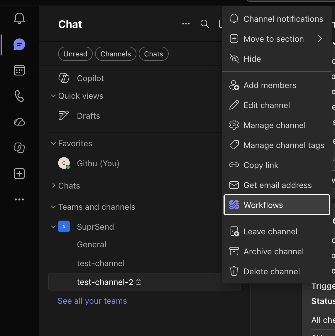 Workflows in a Teams channel more-options menu