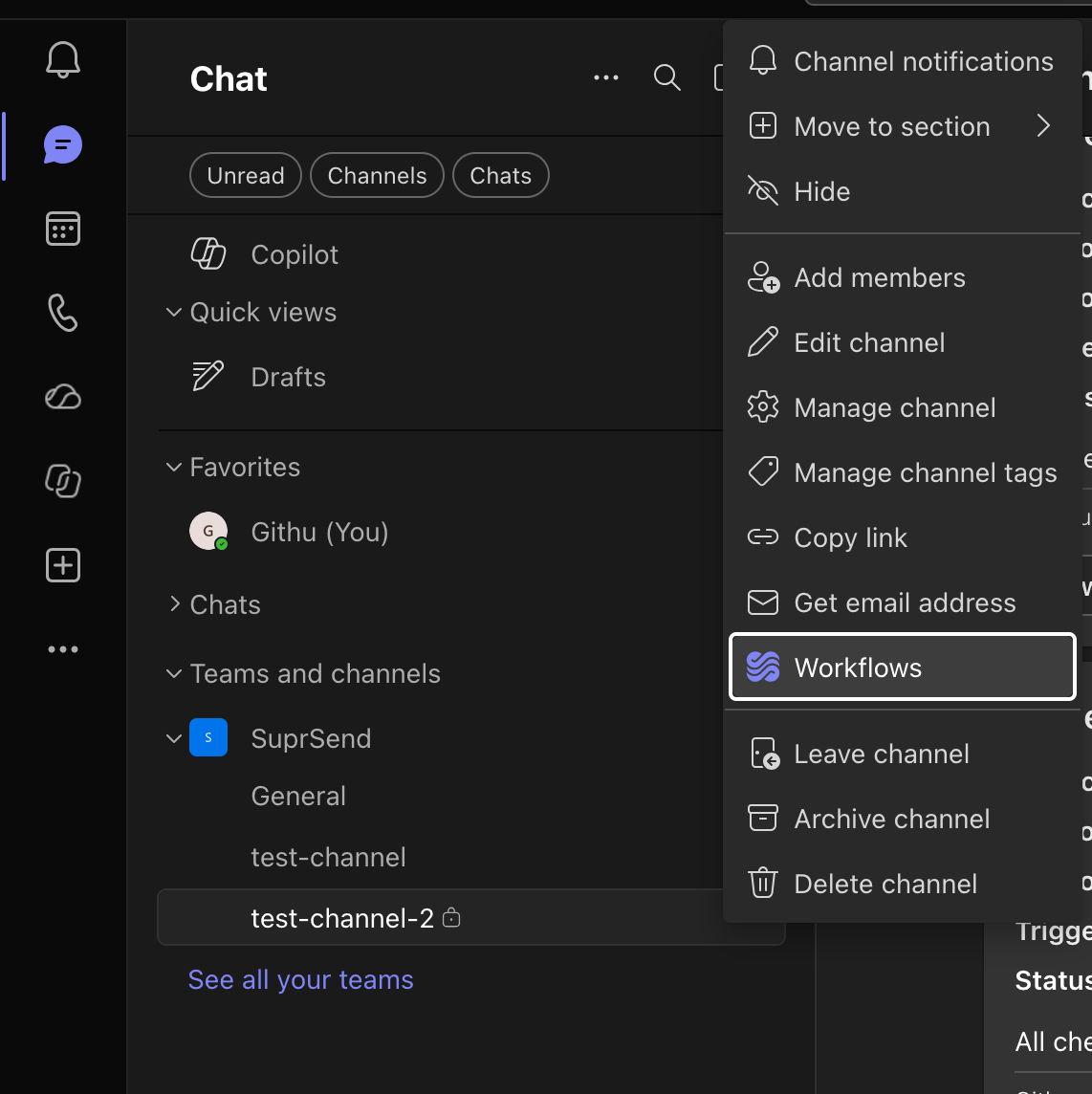 Workflows in a Teams channel more-options menu