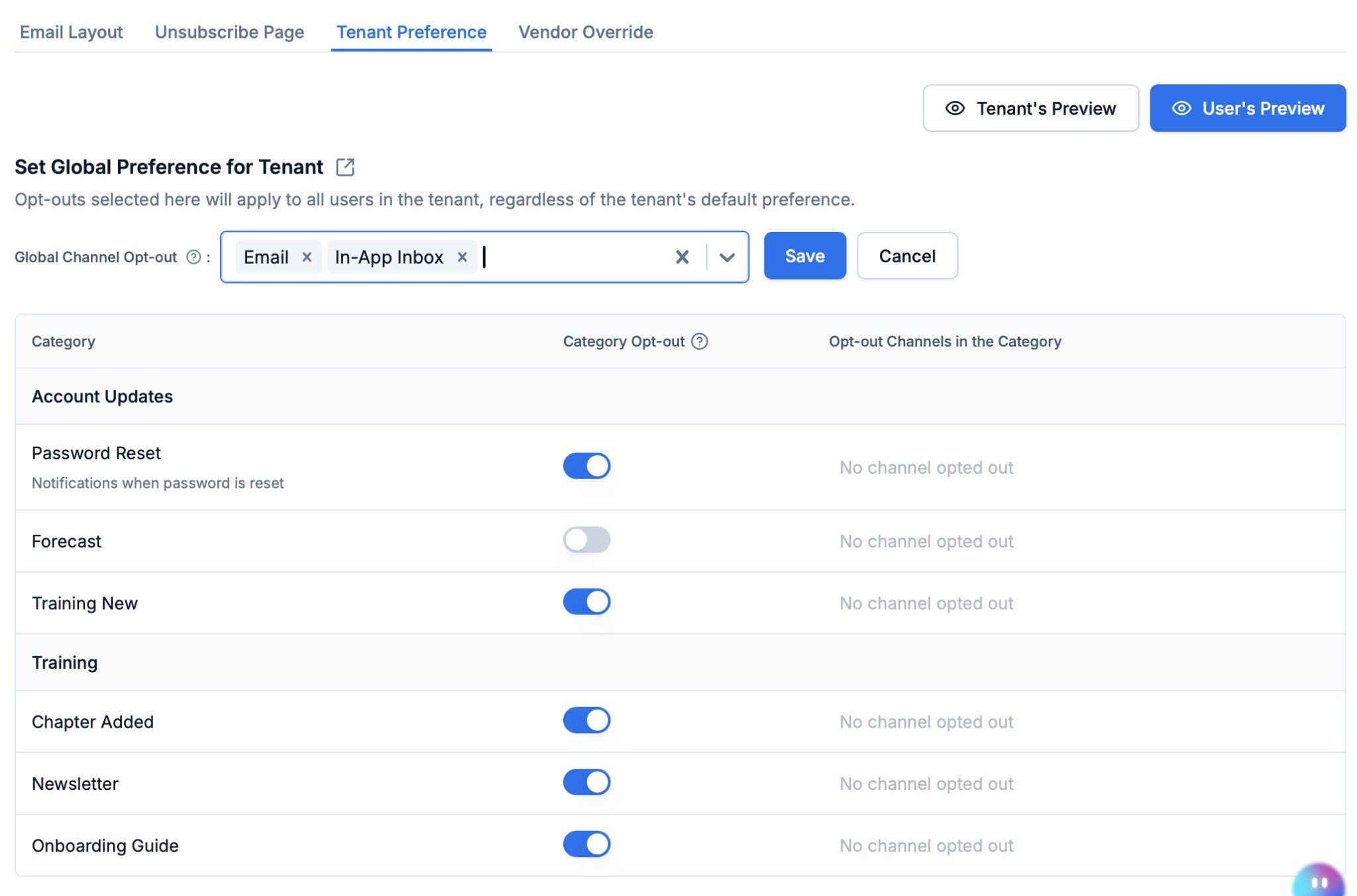 Set Global Preference for Tenant - category and channel opt-outs