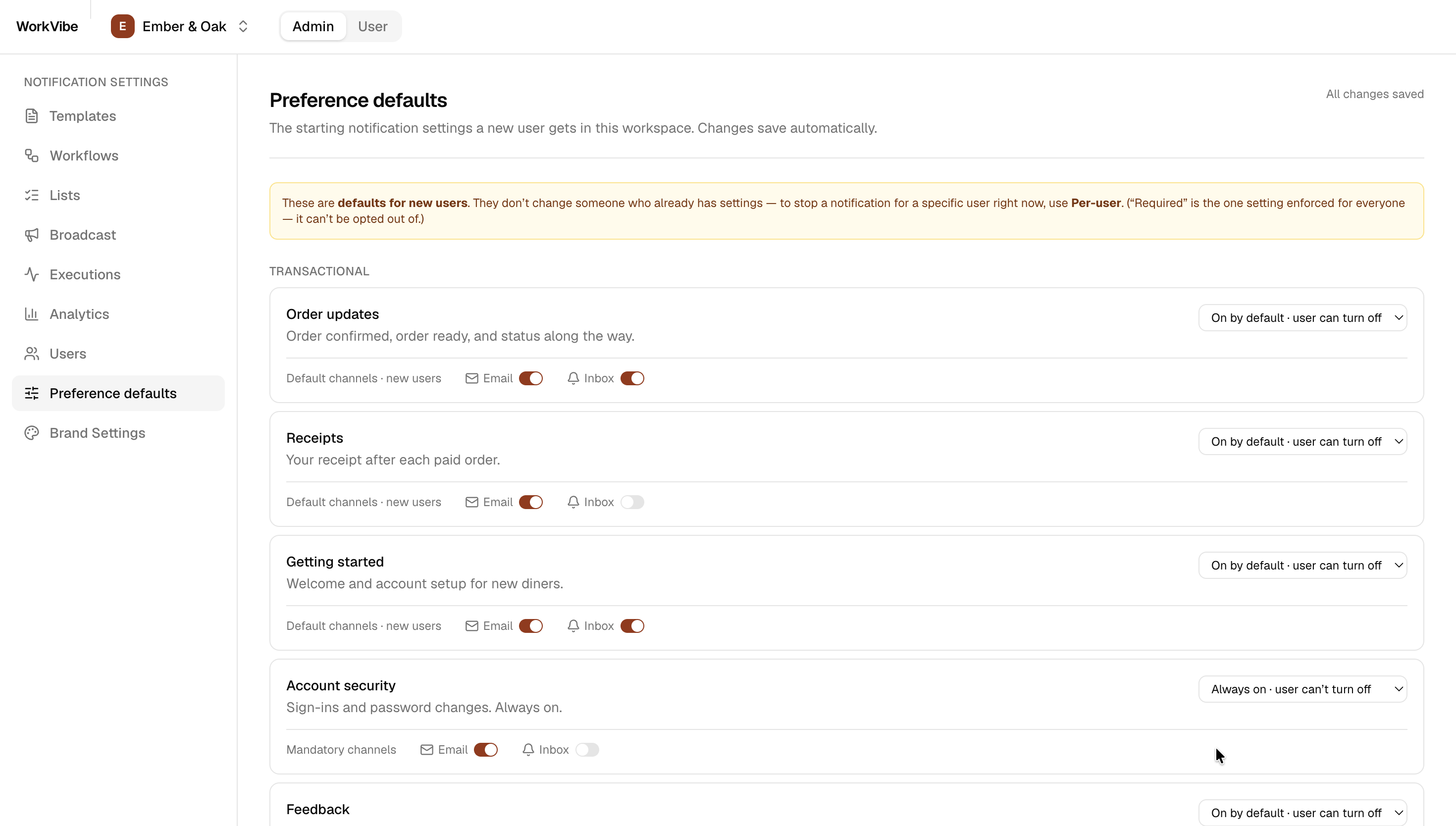 Notification category tree with sections and sub-categories
