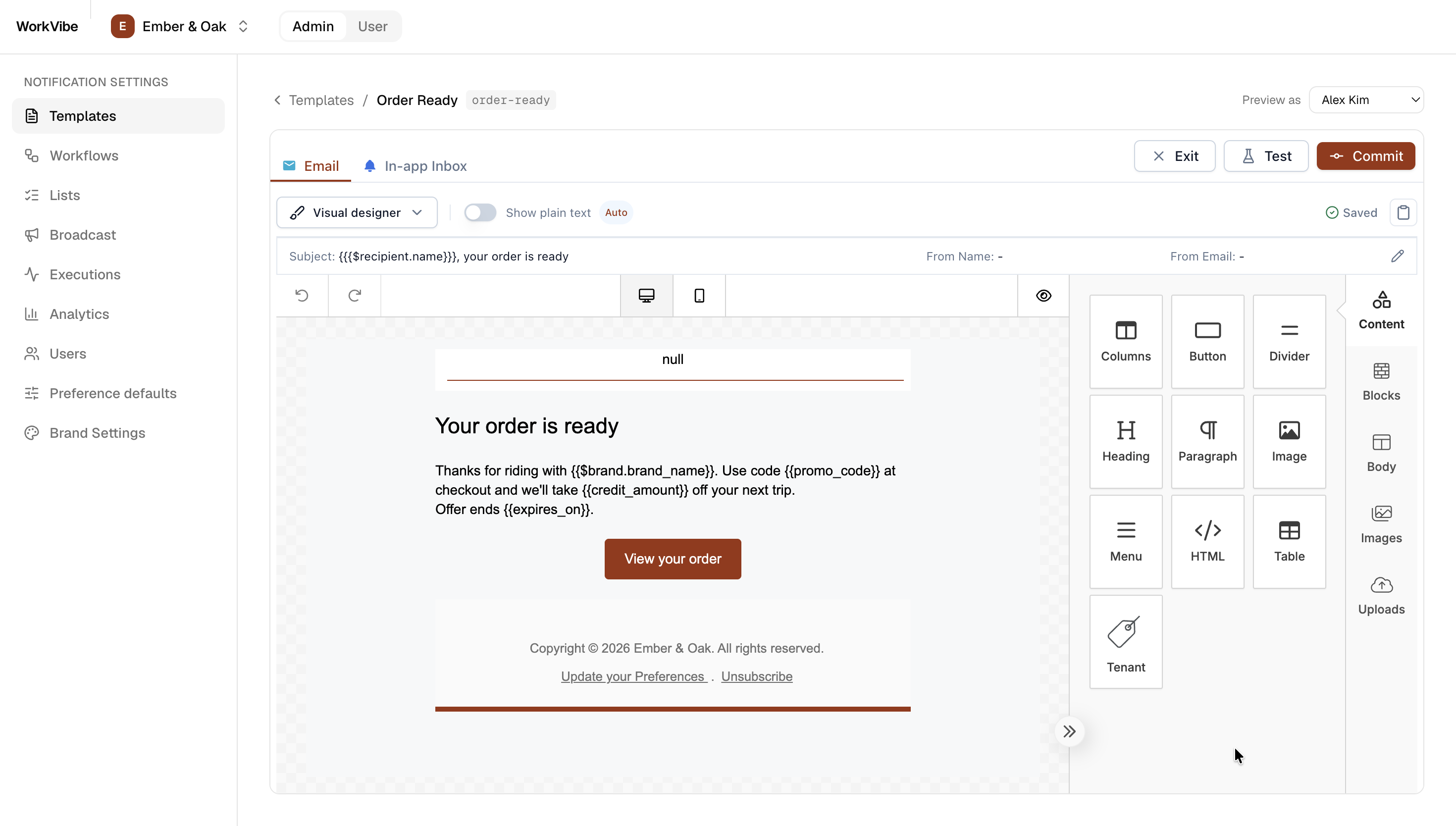 The embedded template editor inside WorkVibe