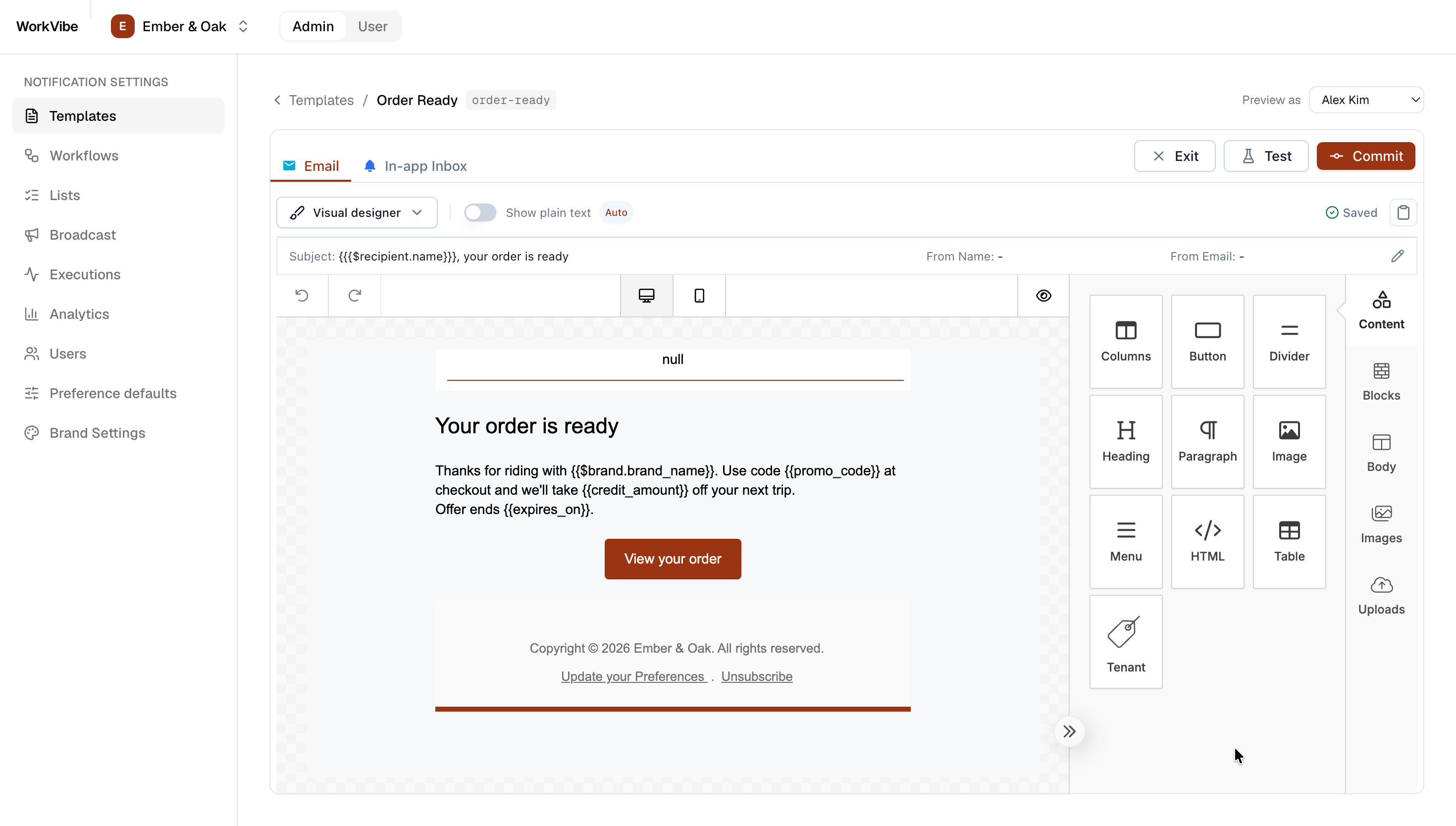 The embedded template editor inside WorkVibe