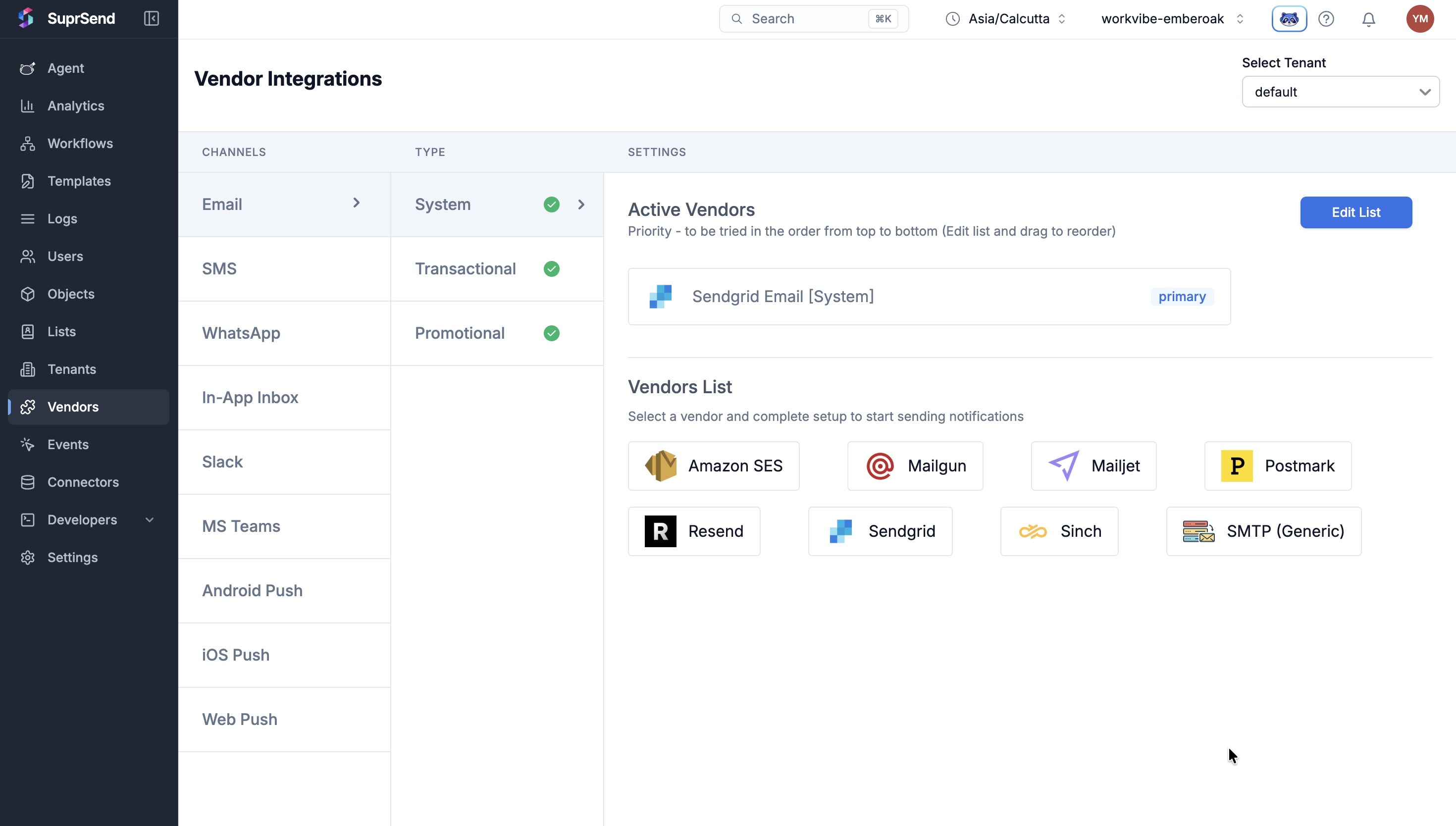 Vendors configured once per workspace