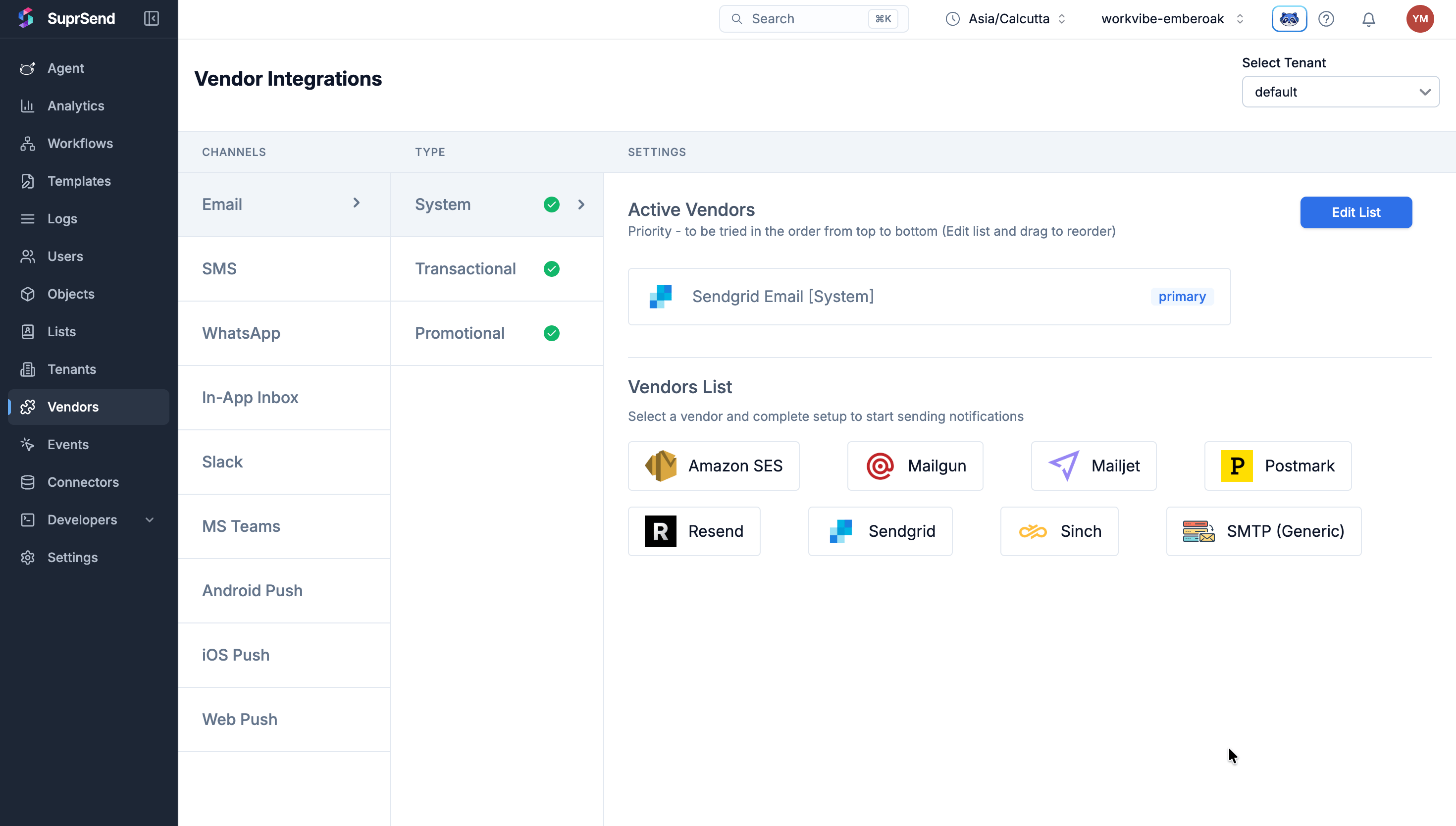 Vendors configured once per workspace