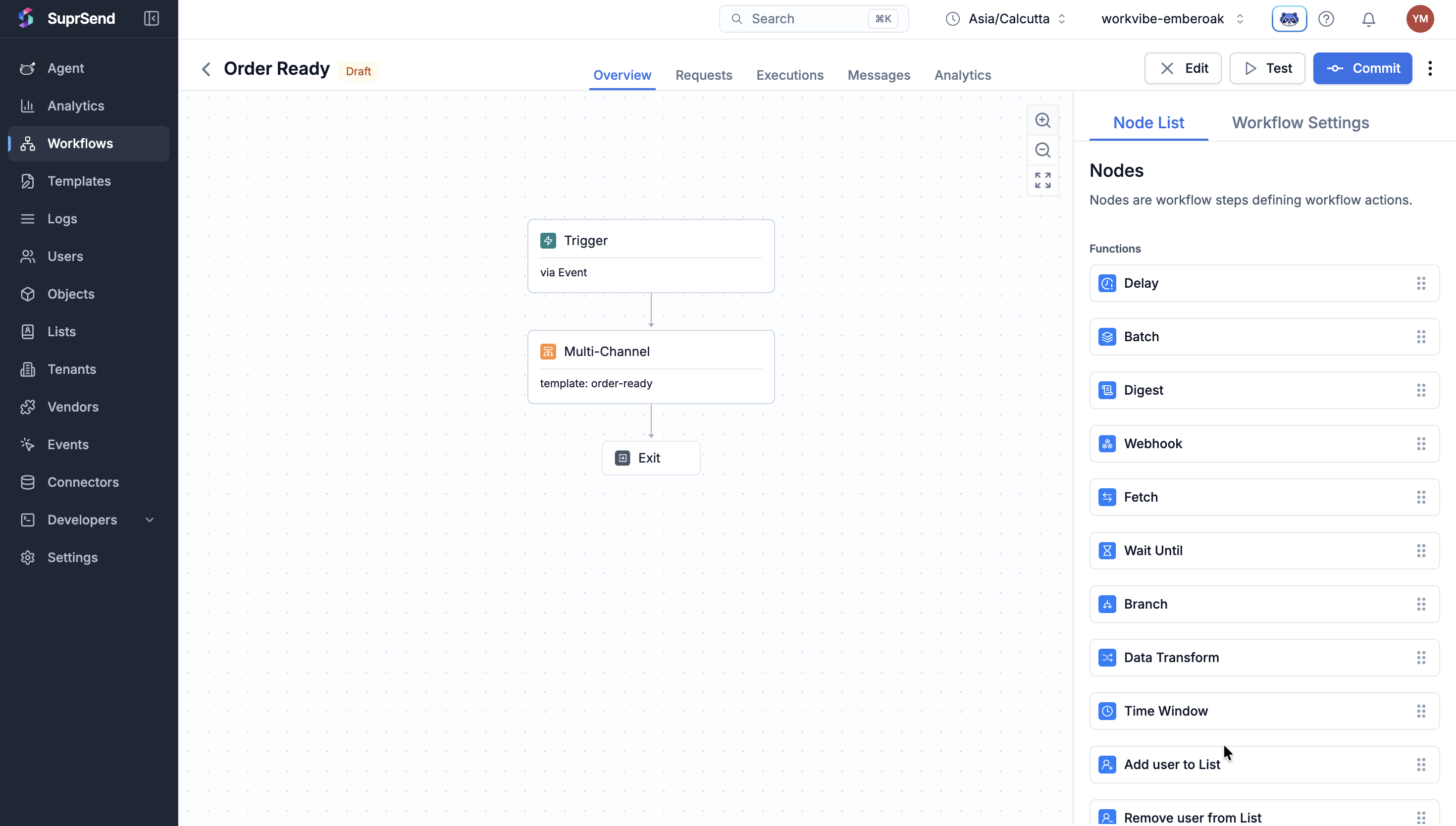 A WorkVibe workflow in the SuprSend workflow builder