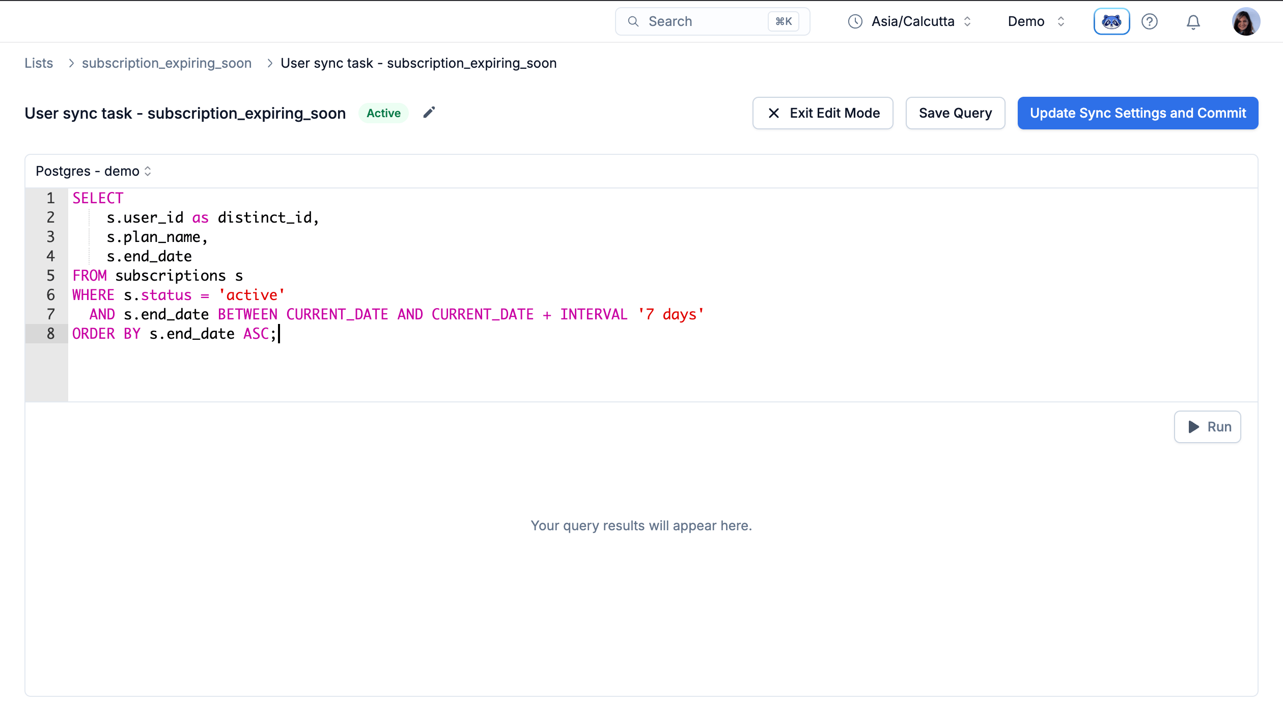 User sync task query editor showing a Postgres connection, a SELECT statement, and the Run and Save Query buttons
