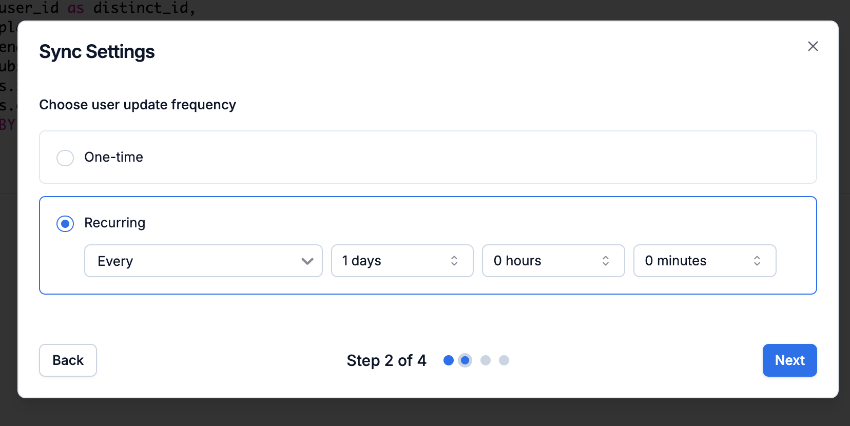 Sync Settings modal step 2 with One-time and Recurring frequency options and Every / days / hours / minutes selectors