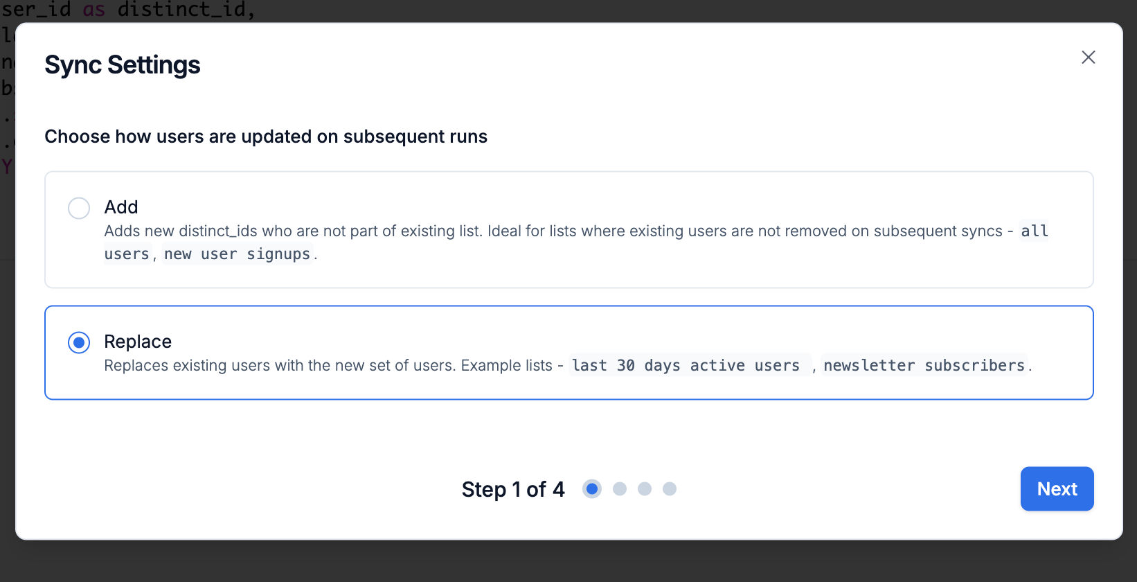 Sync Settings modal step 1 with Add and Replace options for how users are updated on subsequent runs