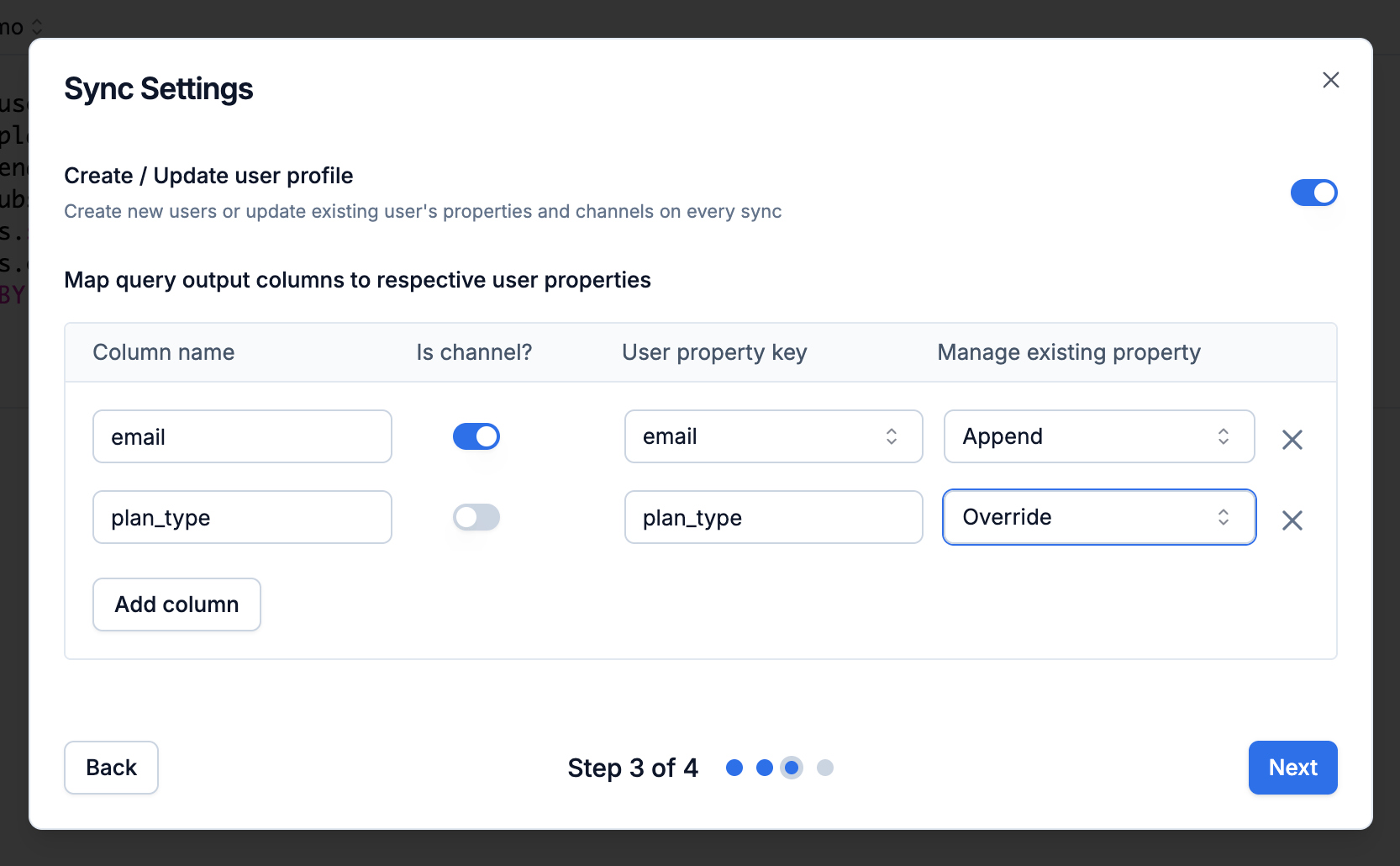 Sync Settings modal step 3 with the Create / Update user profile toggle on and a mapping table for columns, channels, property keys, and merge behavior