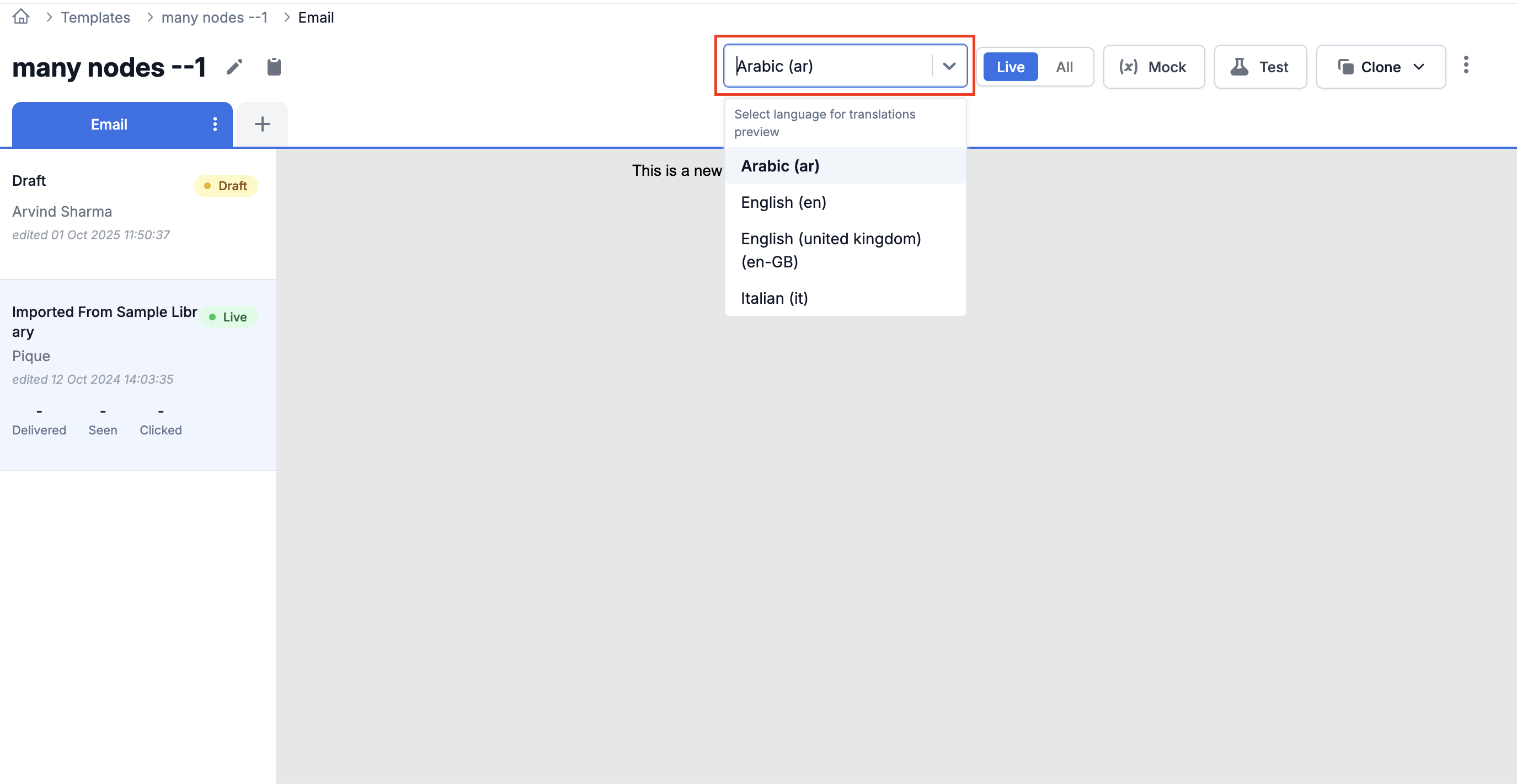 Language dropdown for previewing translations