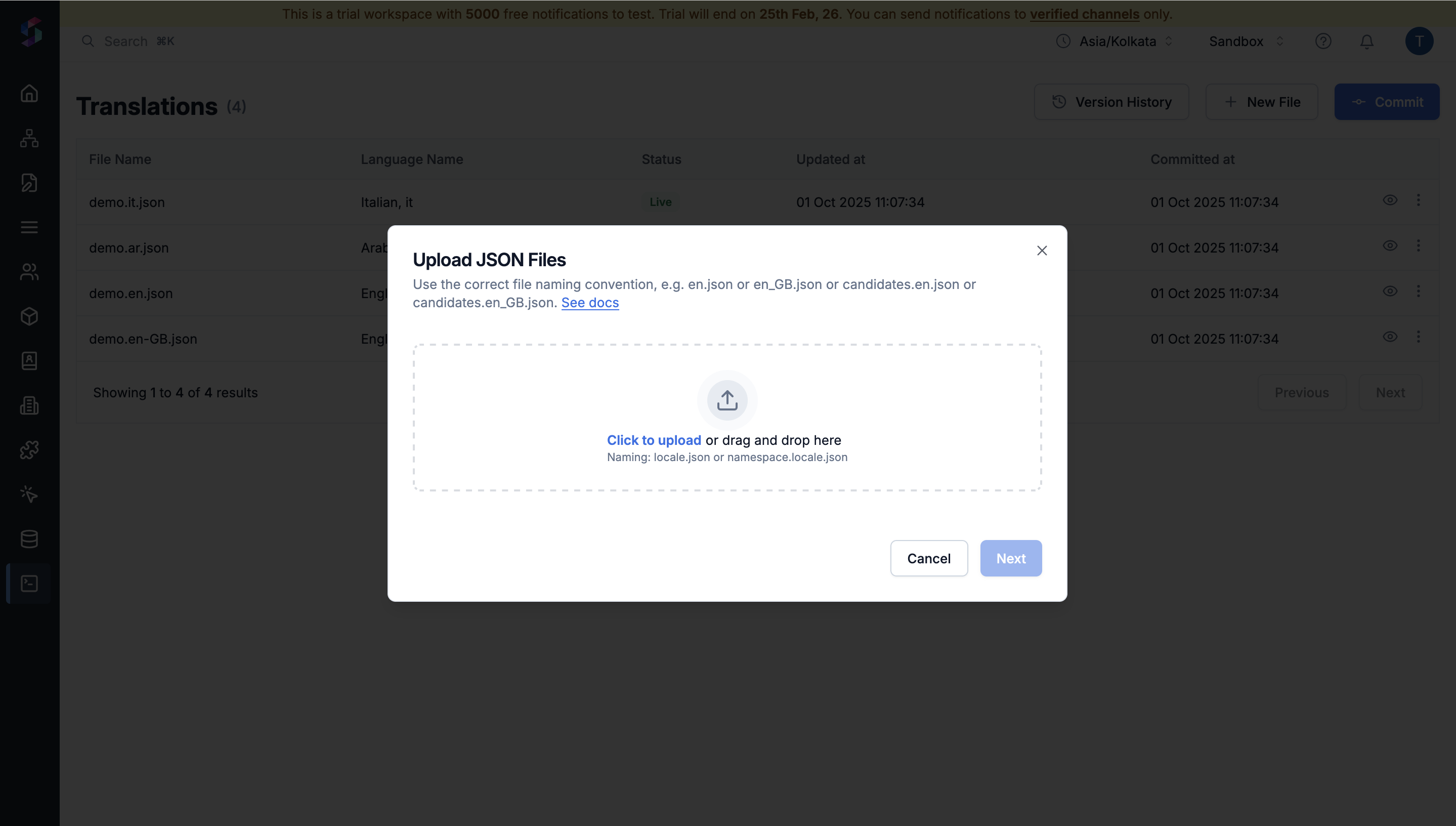 Upload translation files interface