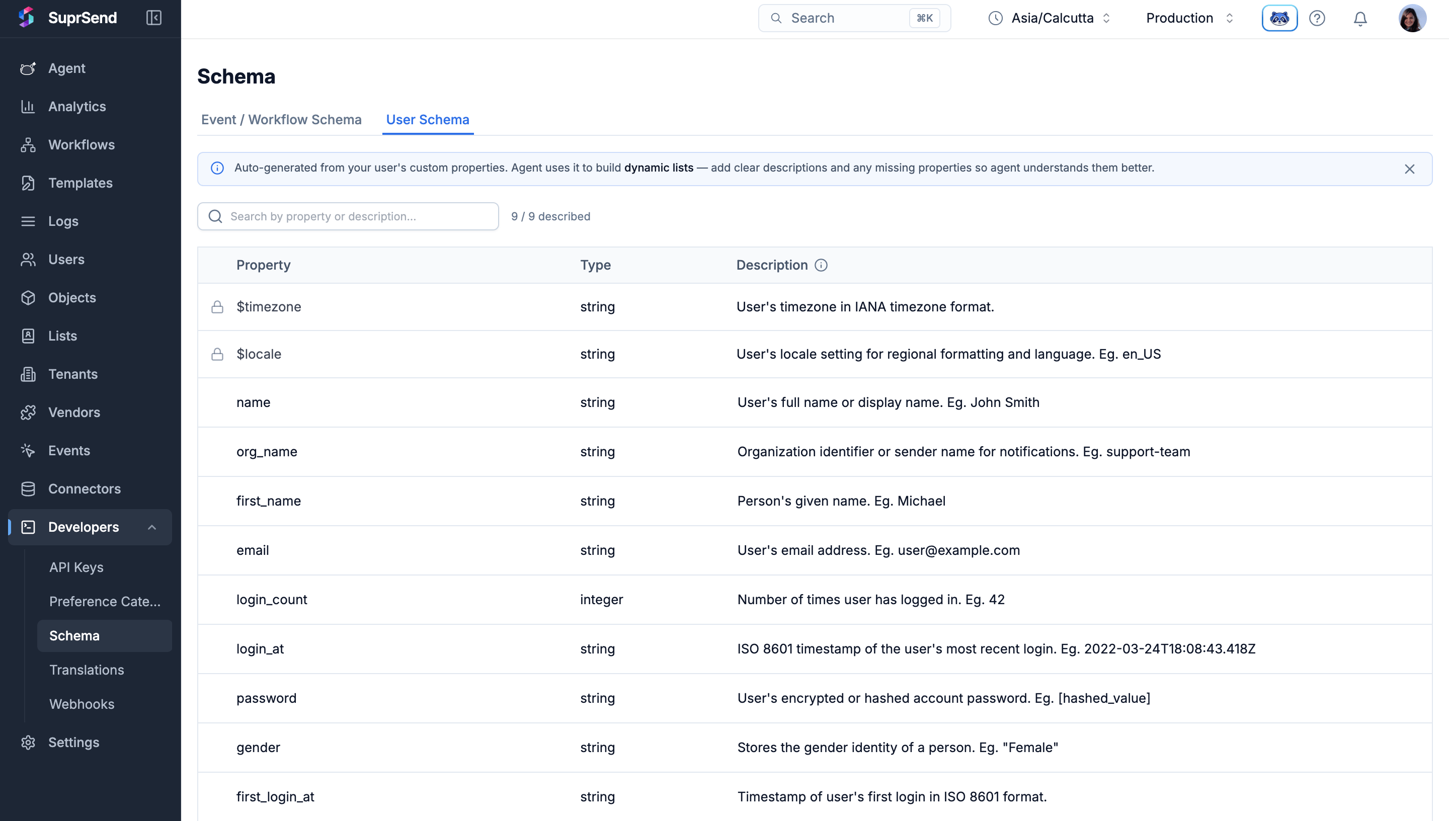 Developers → Schemas → Users page listing auto-generated user properties with editable descriptions