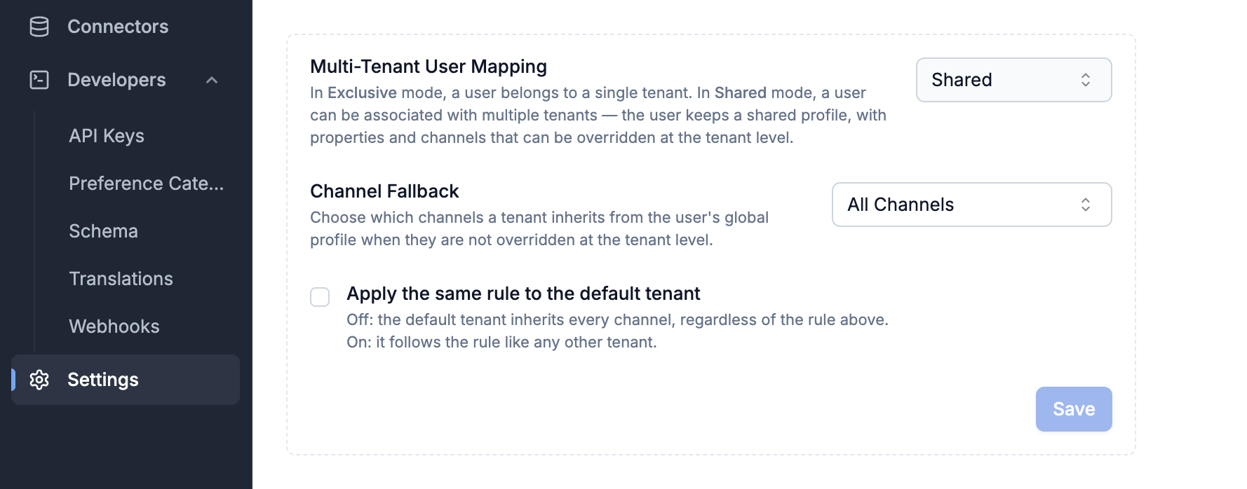 Workspace Settings — Multi-Tenant User Mapping section with Channel Fallback dropdown and Apply the same rule to the default tenant toggle