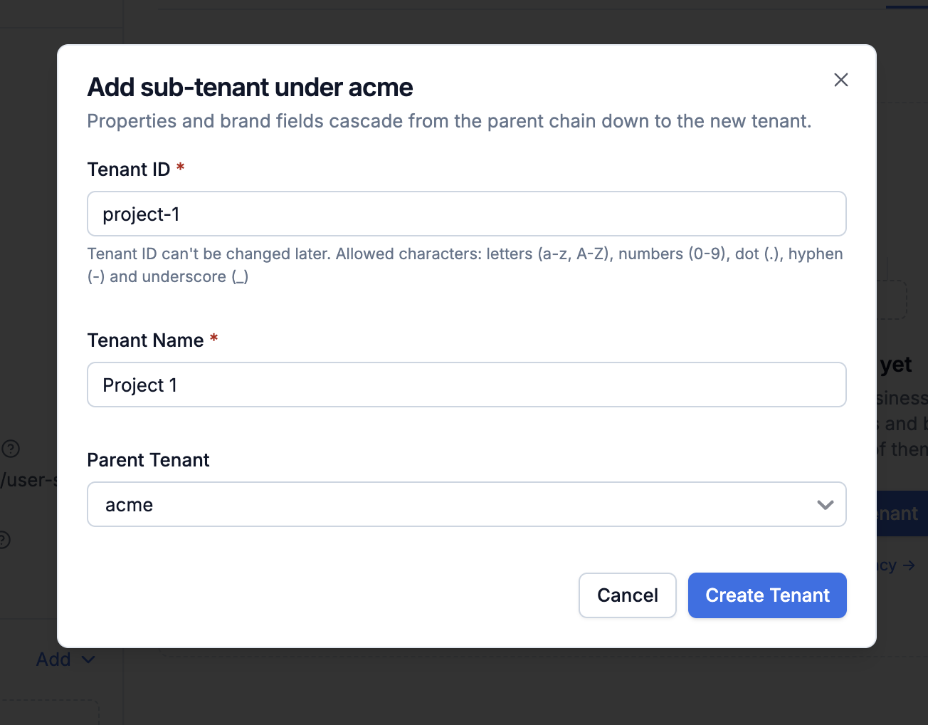 Add Sub-tenant modal with Tenant ID and Name inputs