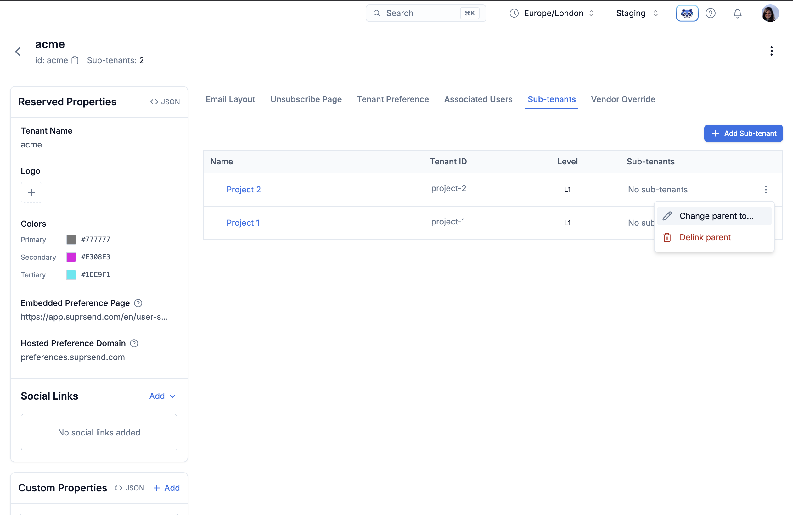Sub-tenants tab row showing the Change Parent and Delink Parent actions