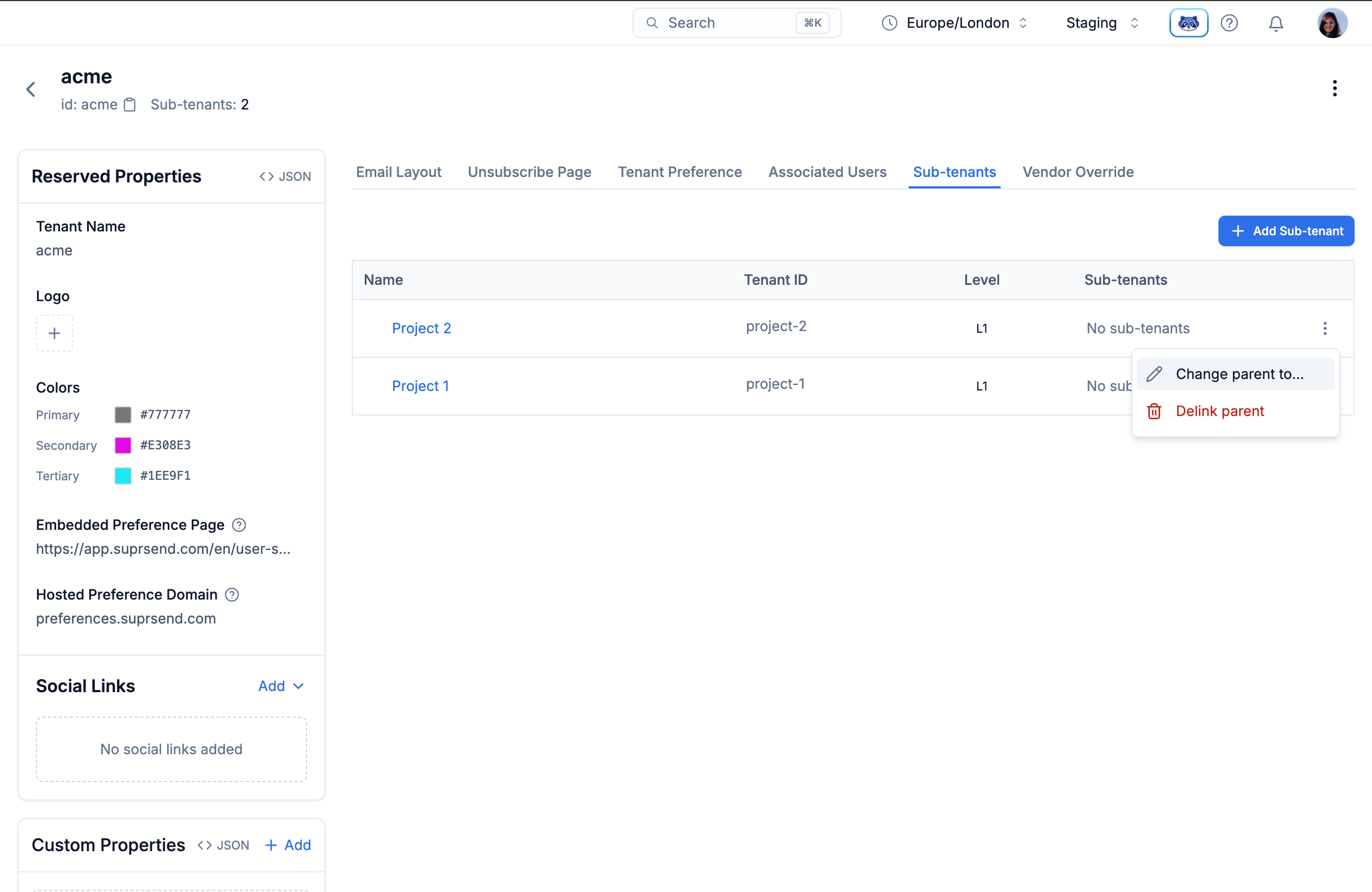 Sub-tenants tab row showing the Change Parent and Delink Parent actions
