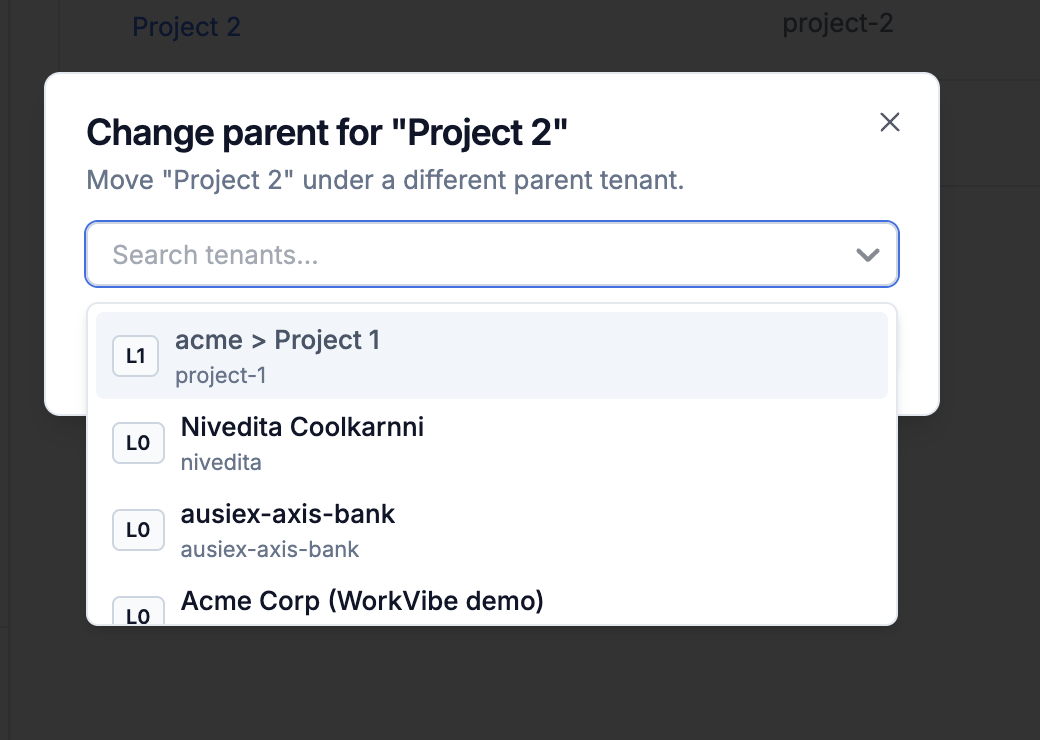 Change Parent modal with the new parent selector